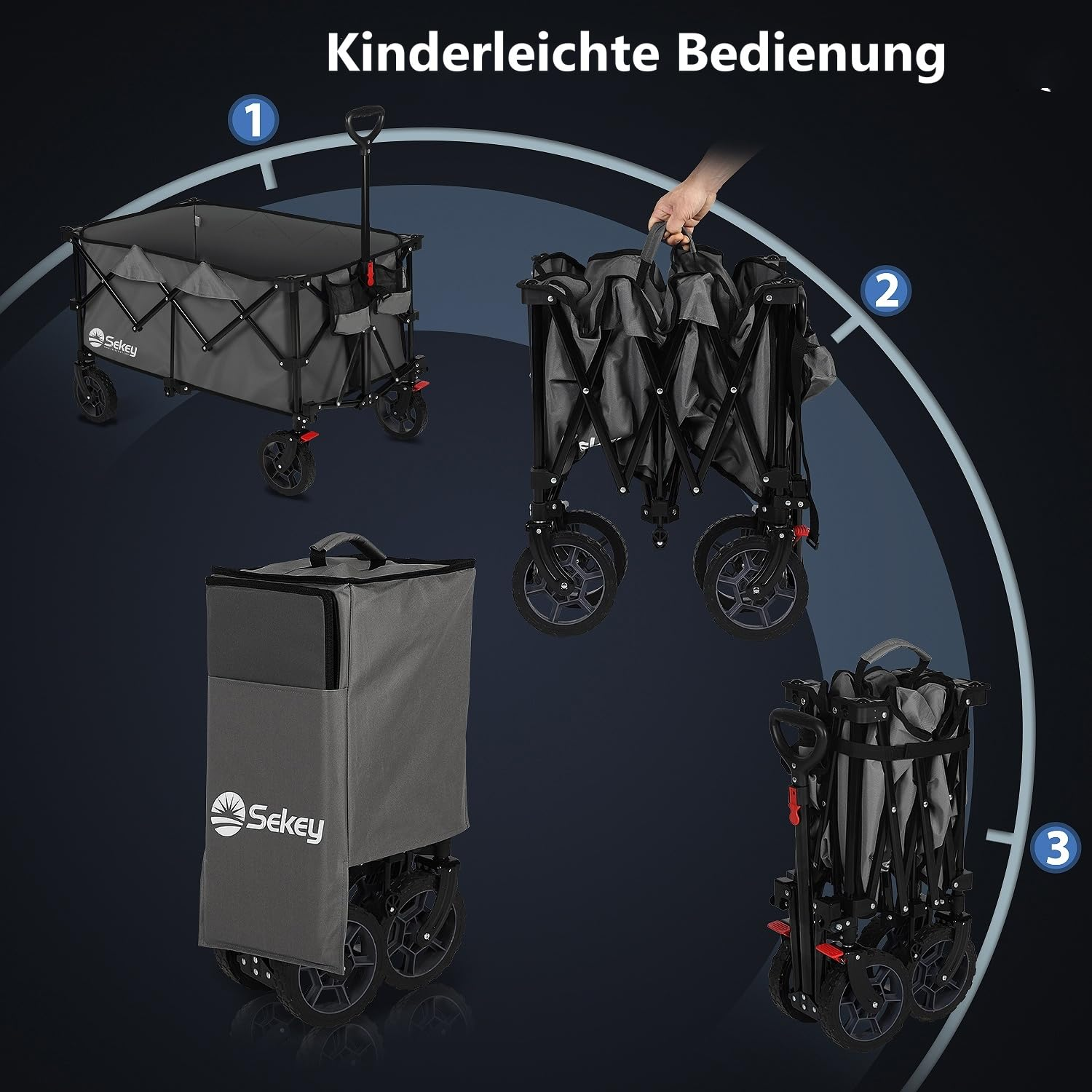 Chariot pliant Sekey, facilement repliable en trois étapes de manière compacte.
