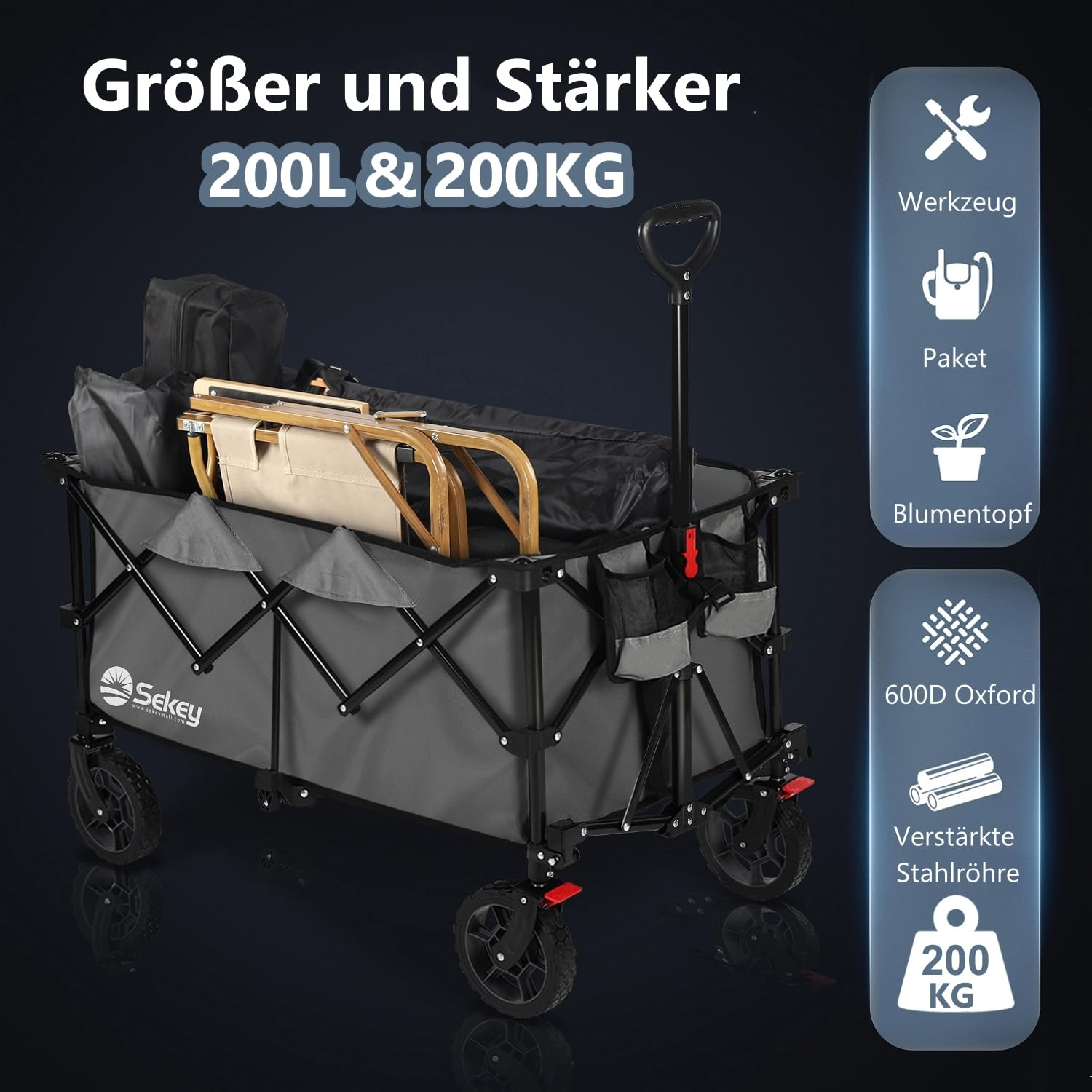 Chariot utilitaire gris Sekey rempli de bagages et d'une chaise pliante, avec infographies.