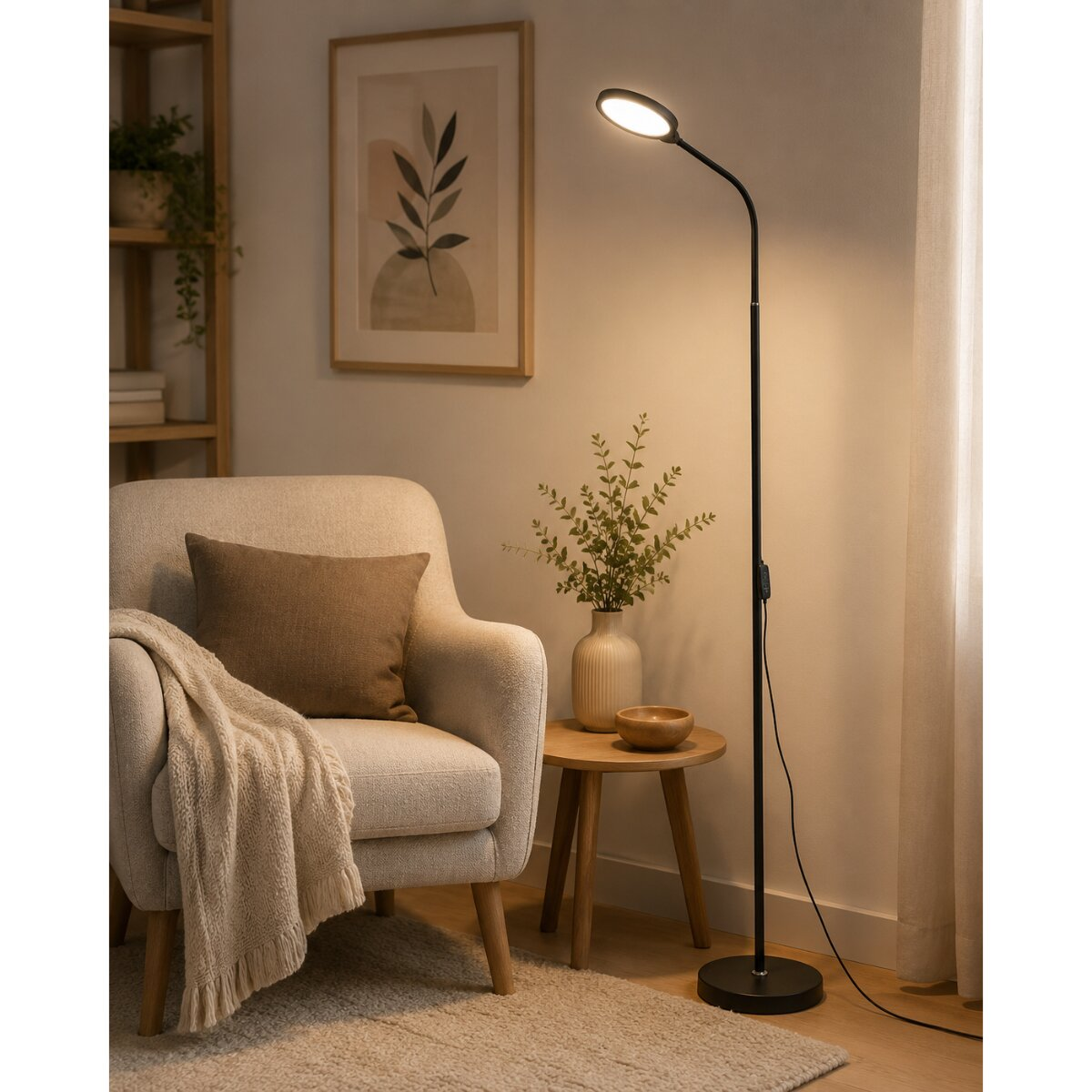 Eine schwarze Stehlampe leuchtet neben einem hellen Sessel mit Kissen und Decke, im Hintergrund ein Holzregal und Bild.