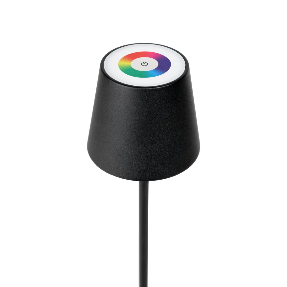 Eine schwarze kegelförmige Lampe mit einem farbigen Touch-Bedienfeld und Stiel auf weißem Hintergrund.