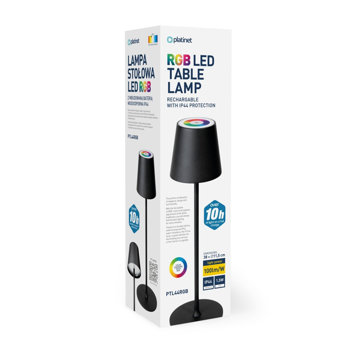 Verpackung der Platinet RGB LED Tischlampe mit Produktdetails und Bild.