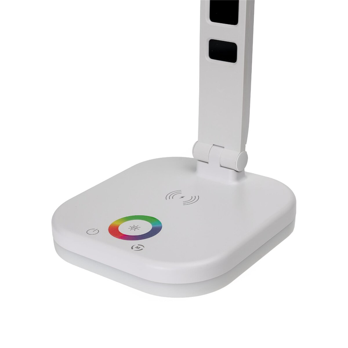 Weiße LED-Schreibtischlampe mit farbigem Touch-Bedienfeld und kabelloser Ladefläche auf dem runden Sockel.