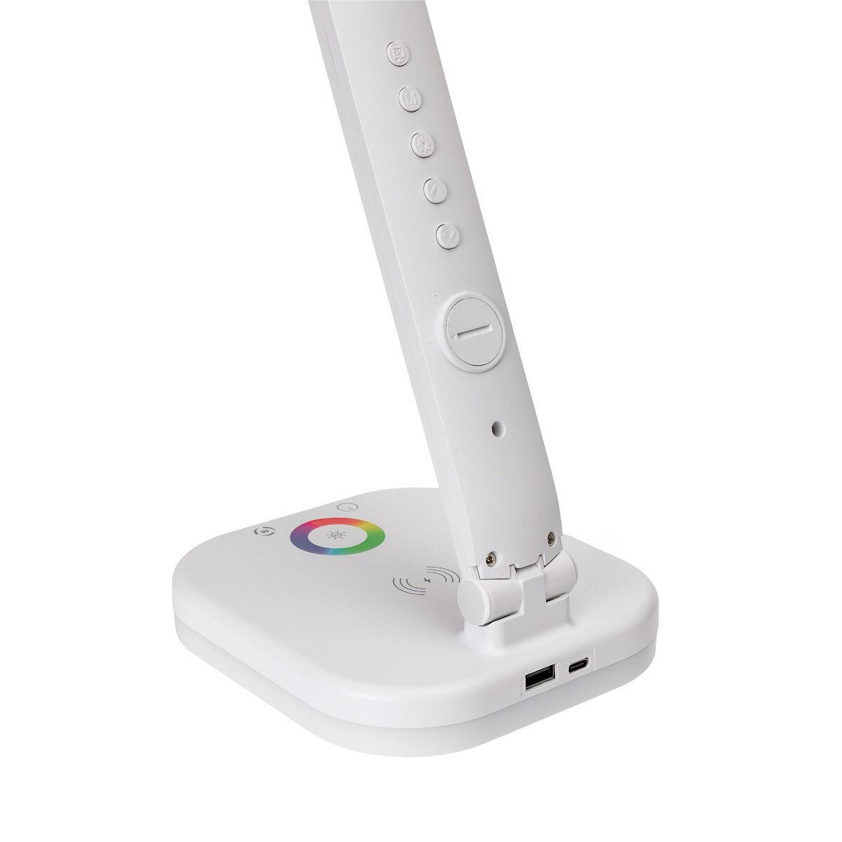 Weiße Schreibtischlampe mit Touch-Steuerung, Farbkreis und USB-Anschlüssen am Sockel vor weißem Hintergrund.