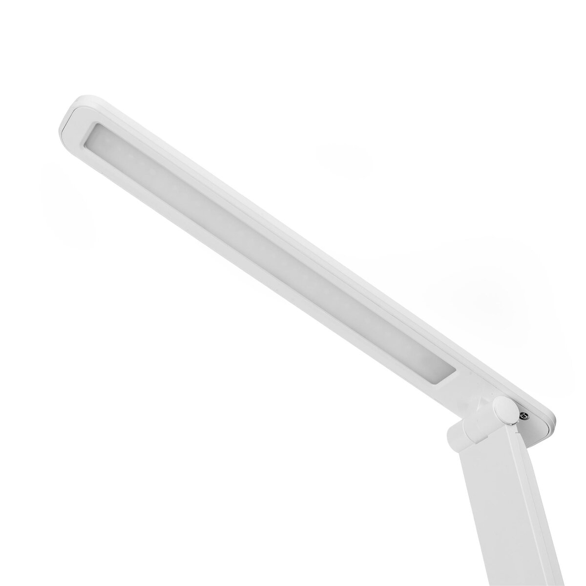 Eine moderne, weiße LED-Schreibtischlampe mit einem flachen, verstellbaren Leuchtkopf auf weißem Hintergrund.