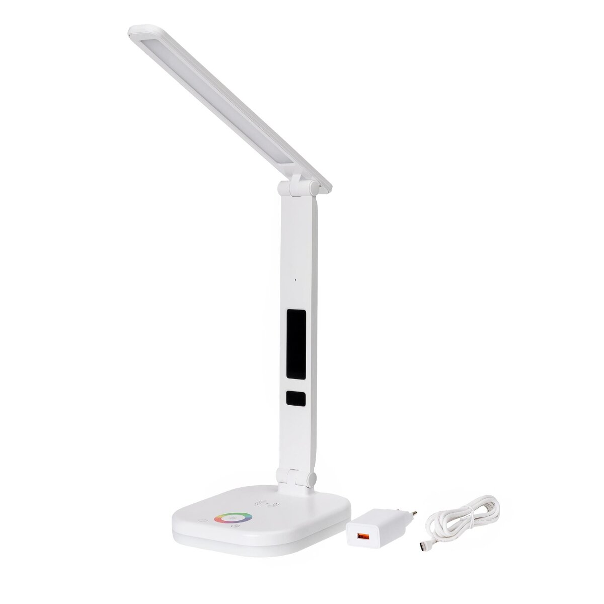 Eine weiße LED-Schreibtischlampe mit Farbkreis, Ladegerät und Kabel auf weißem Grund.