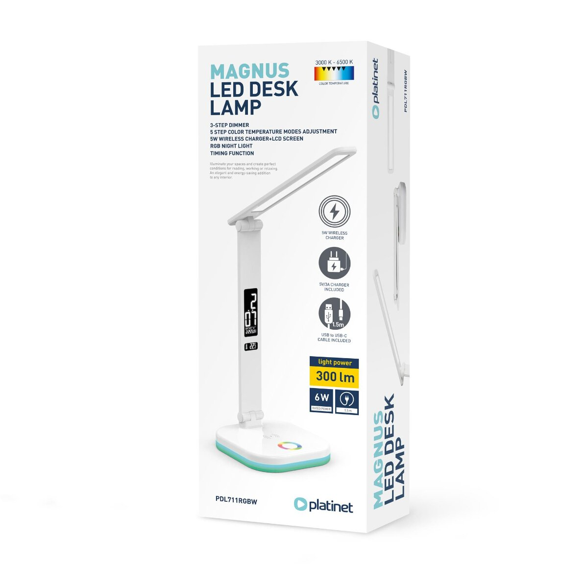 Produktverpackung einer weißen Platinet Magnus LED-Schreibtischlampe mit kabellosem Ladegerät.