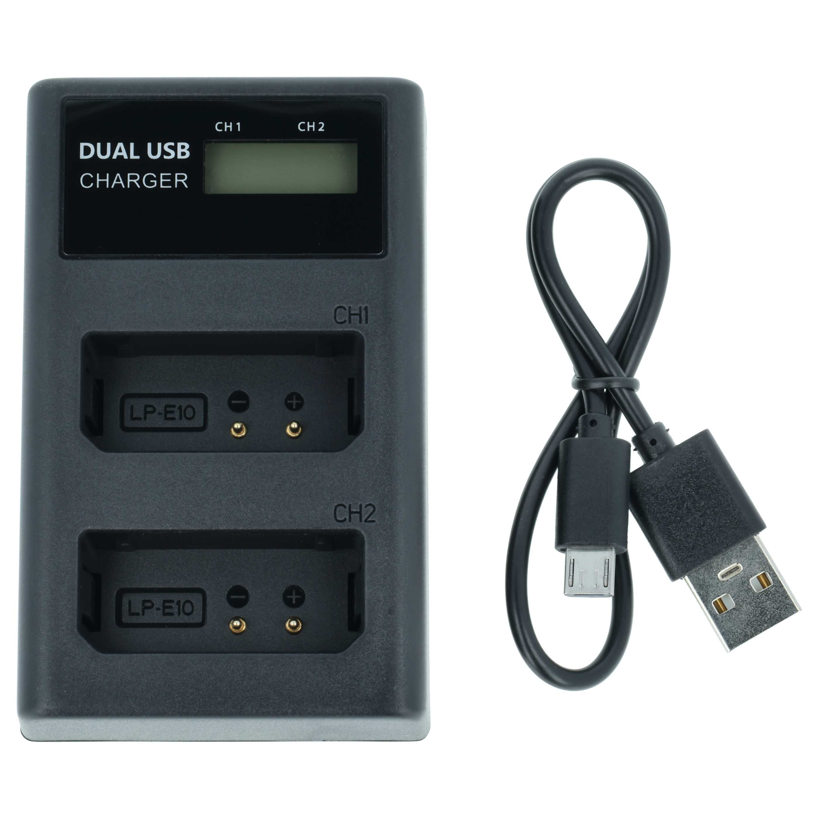 Schwarzes Dual-USB-Ladegerät für LP-E10 Akkus mit LCD-Bildschirm und USB-Kabel auf weißem Hintergrund.