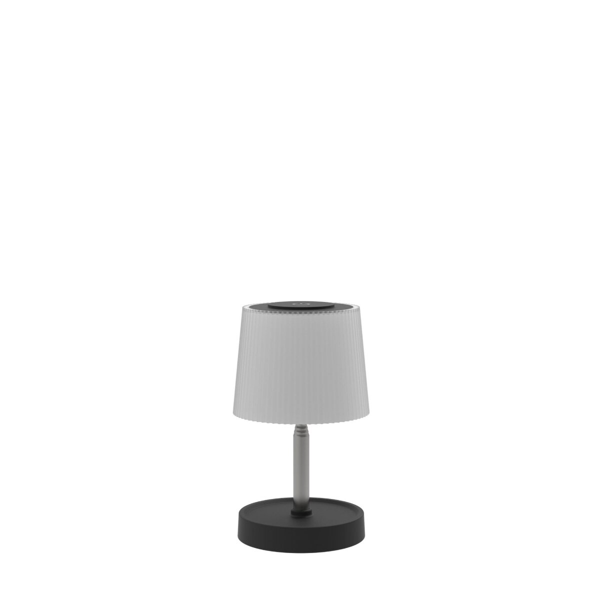 Eine kleine moderne Tischlampe mit schwarzem Fuß, silbernem Stab und weißem Plissee-Schirm.