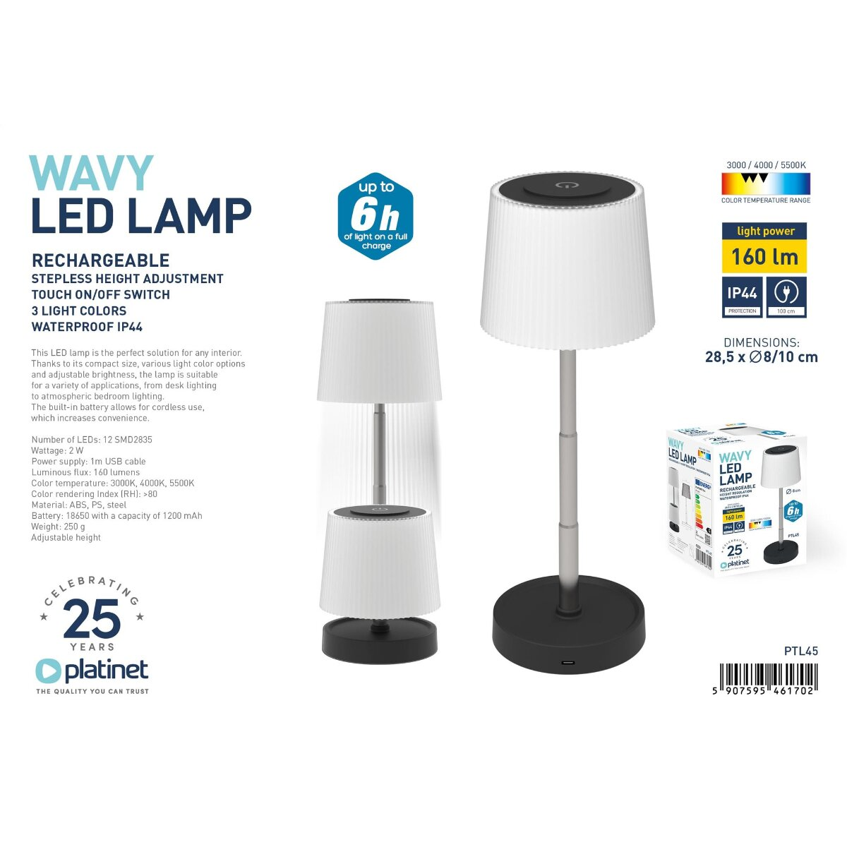 Produktwerbung für eine wiederaufladbare Wavy LED-Lampe mit höhenverstellbarem Design und technischen Daten.