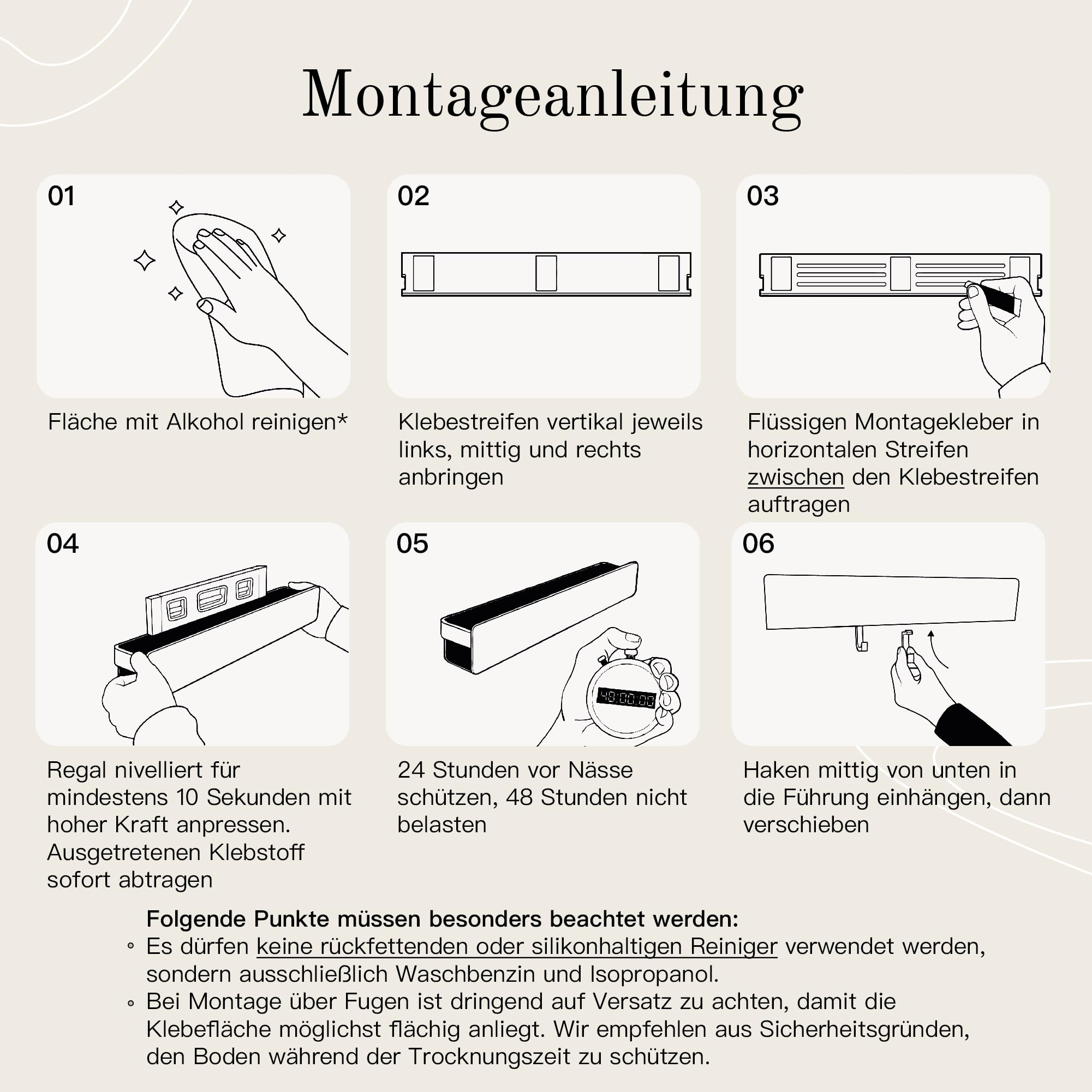 Sechsteilige Montageanleitung mit Illustrationen zur richtigen Anbringung und Verwendung von Kleber.