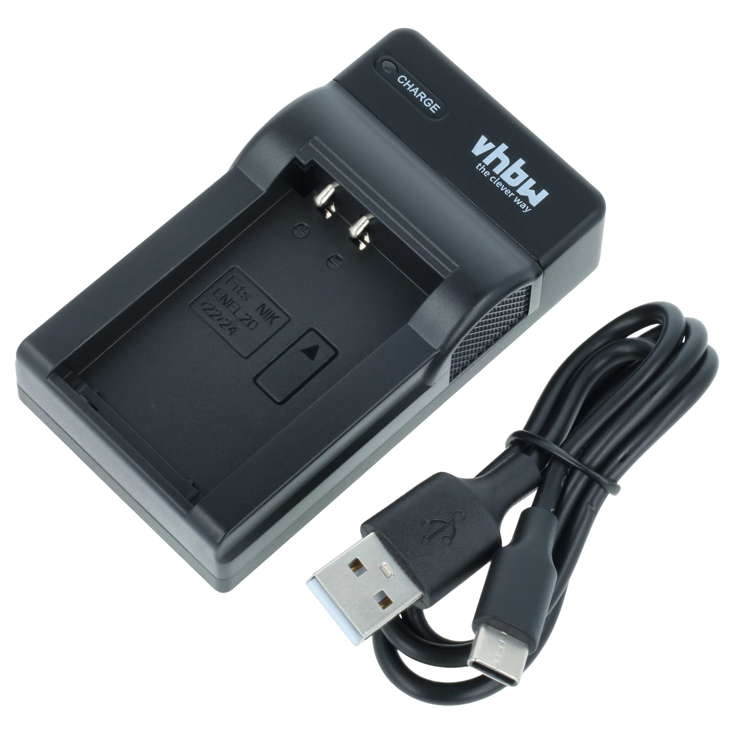 Schwarzes vhbw Akkuladegerät mit passendem USB-Kabel auf weißem Hintergrund.