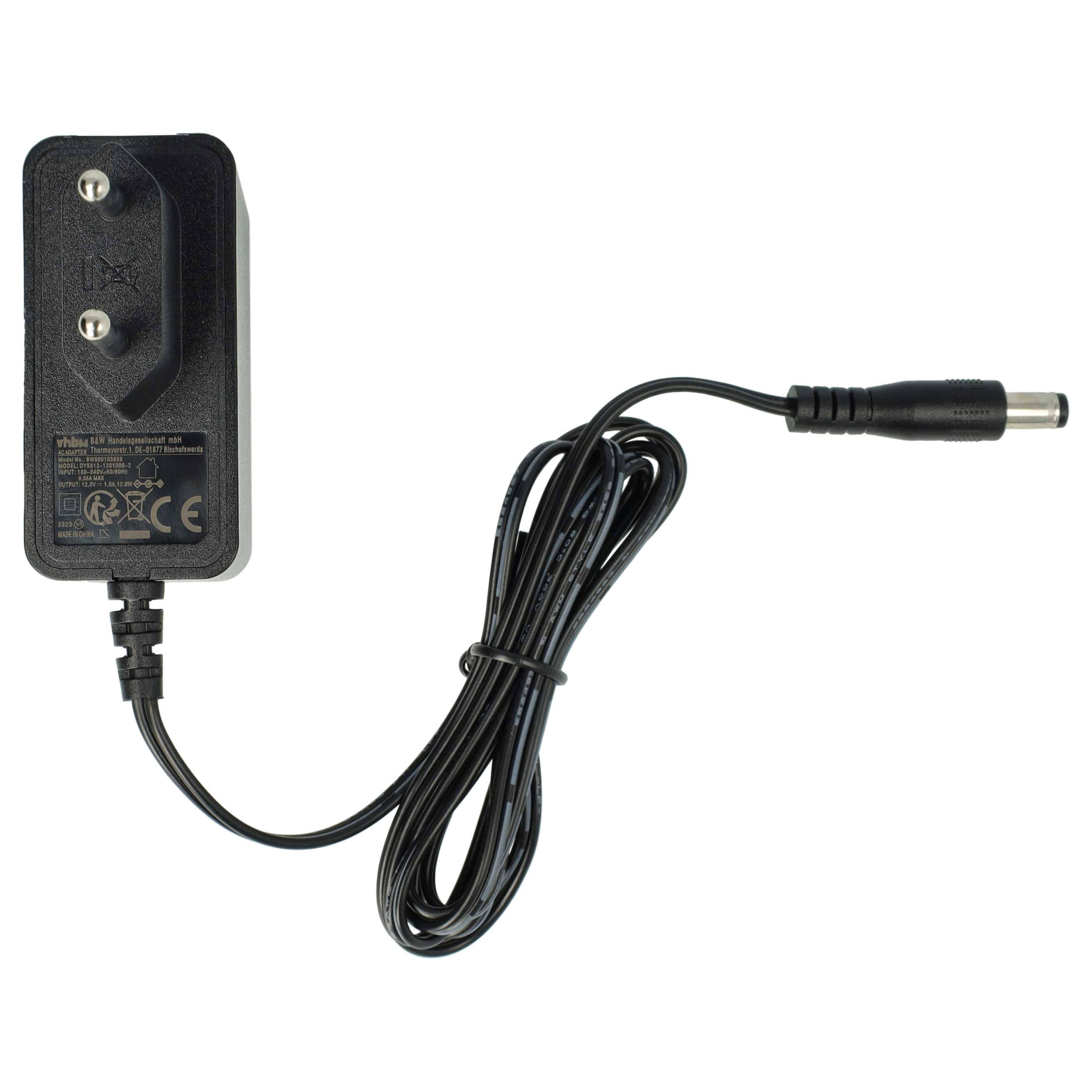 Ein schwarzes Netzteil mit einem EU-Stecker und einem langen Kabel, das in einem zylindrischen Stecker endet.