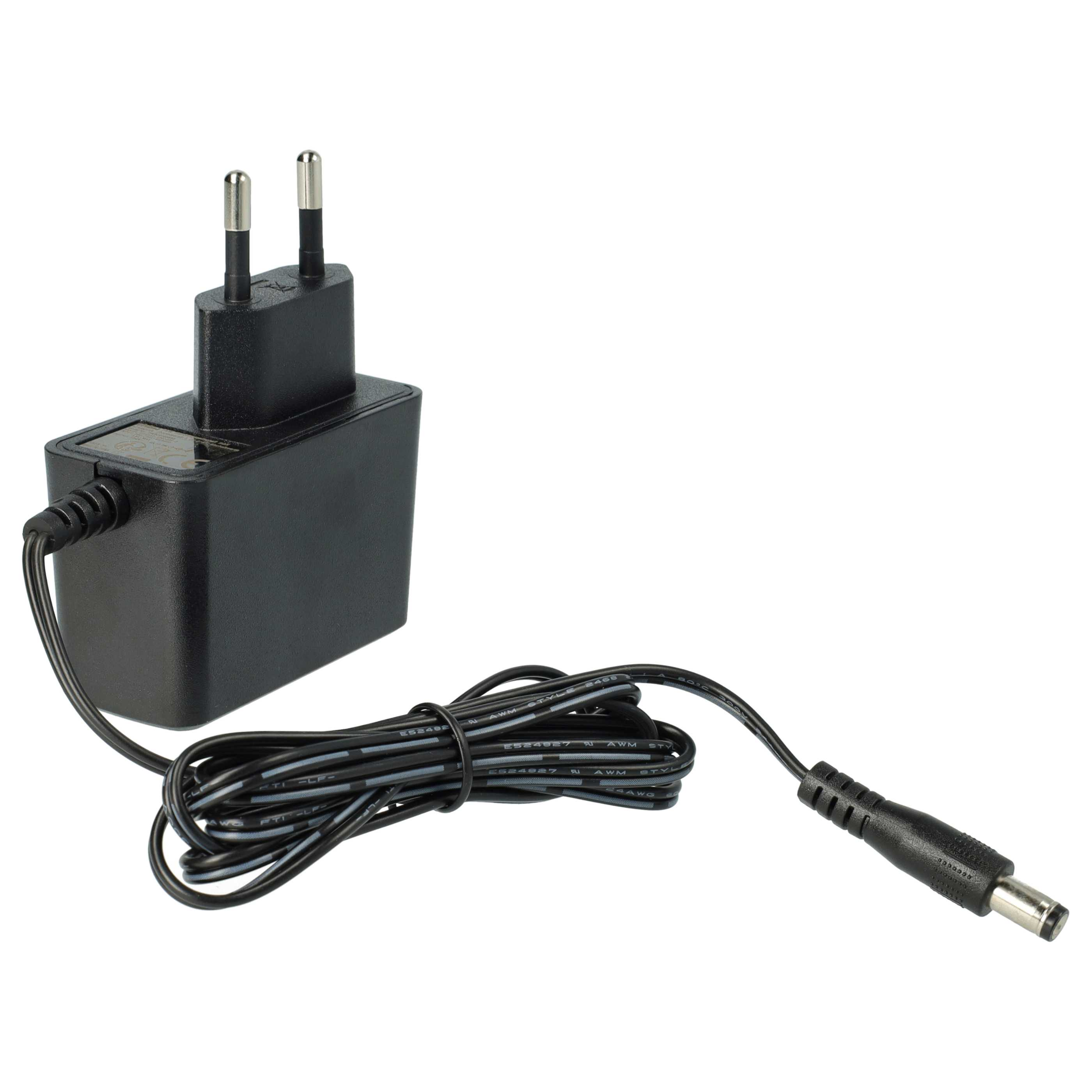 Ein schwarzes Netzteil mit einem EU-Stecker und einem langen Kabel mit einem zylindrischen Stecker.