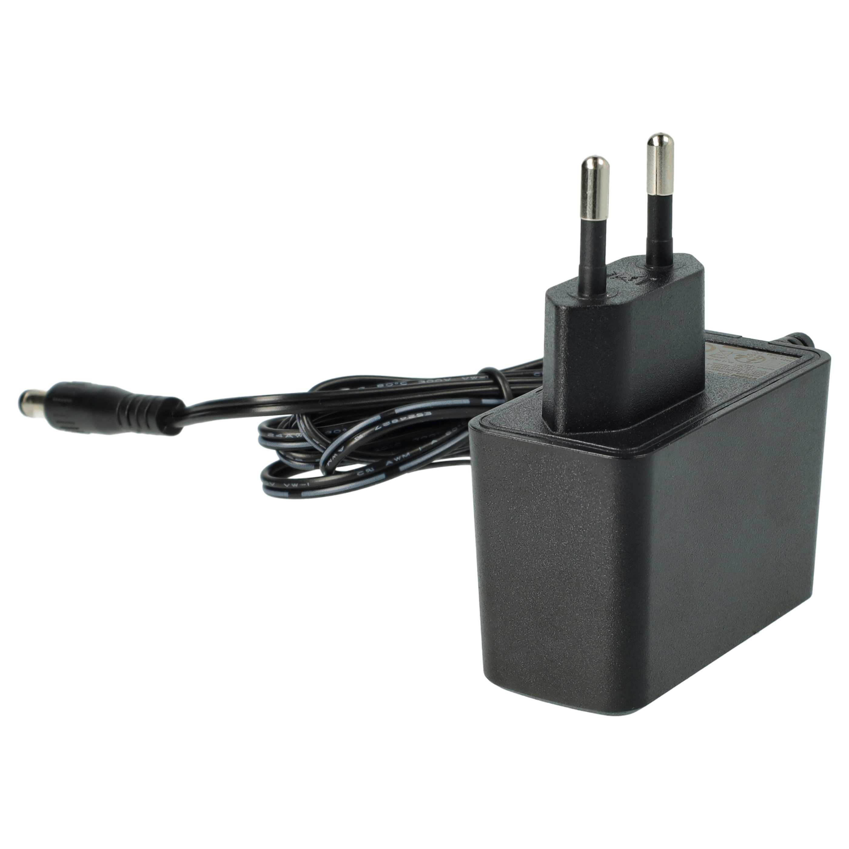 Ein schwarzes Netzteil mit einem EU-Stecker und einem langen Kabel mit rundem Stecker auf weißem Hintergrund.