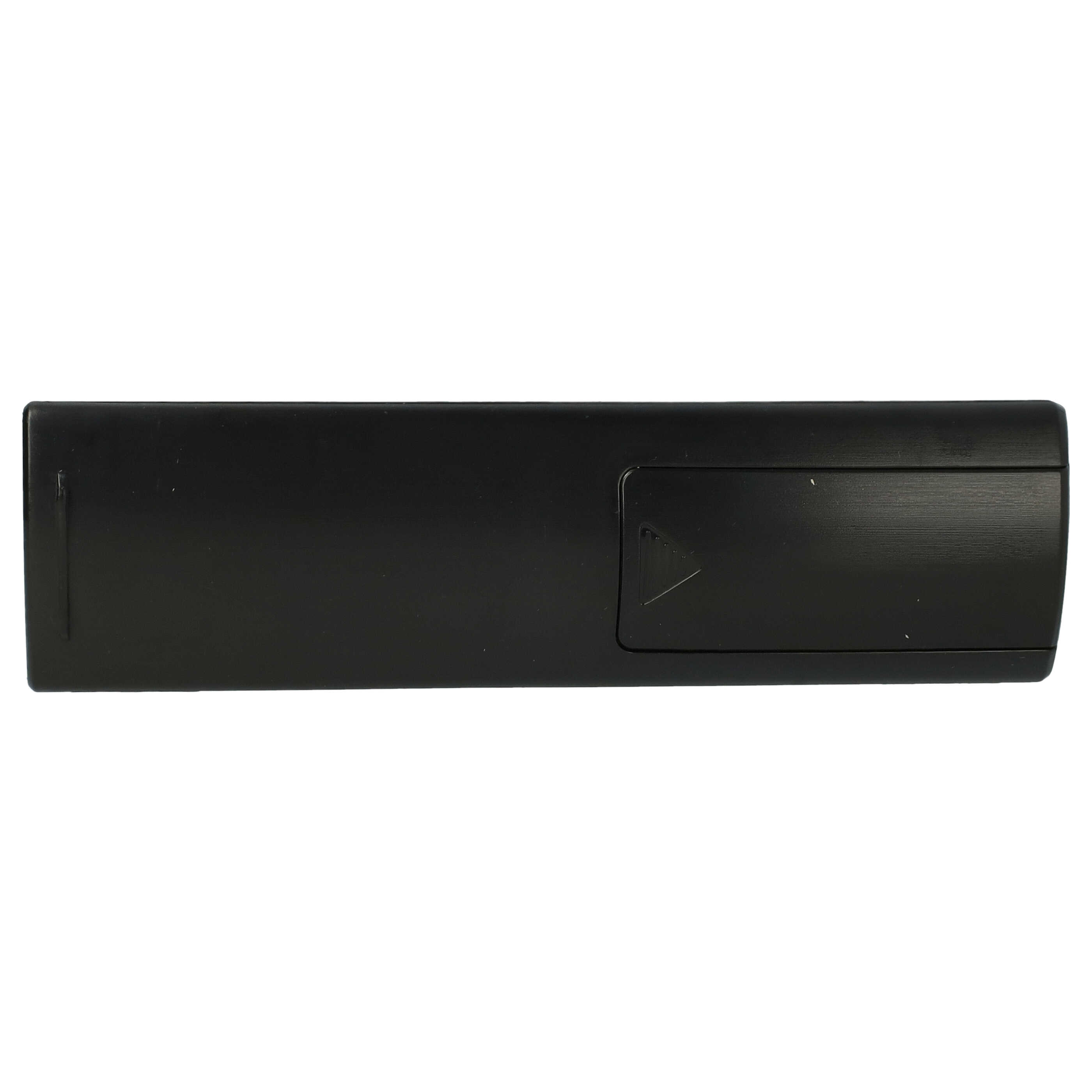 Eine schwarze Kunststoff-Fernbedienung auf schlichtem weißem Hintergrund.