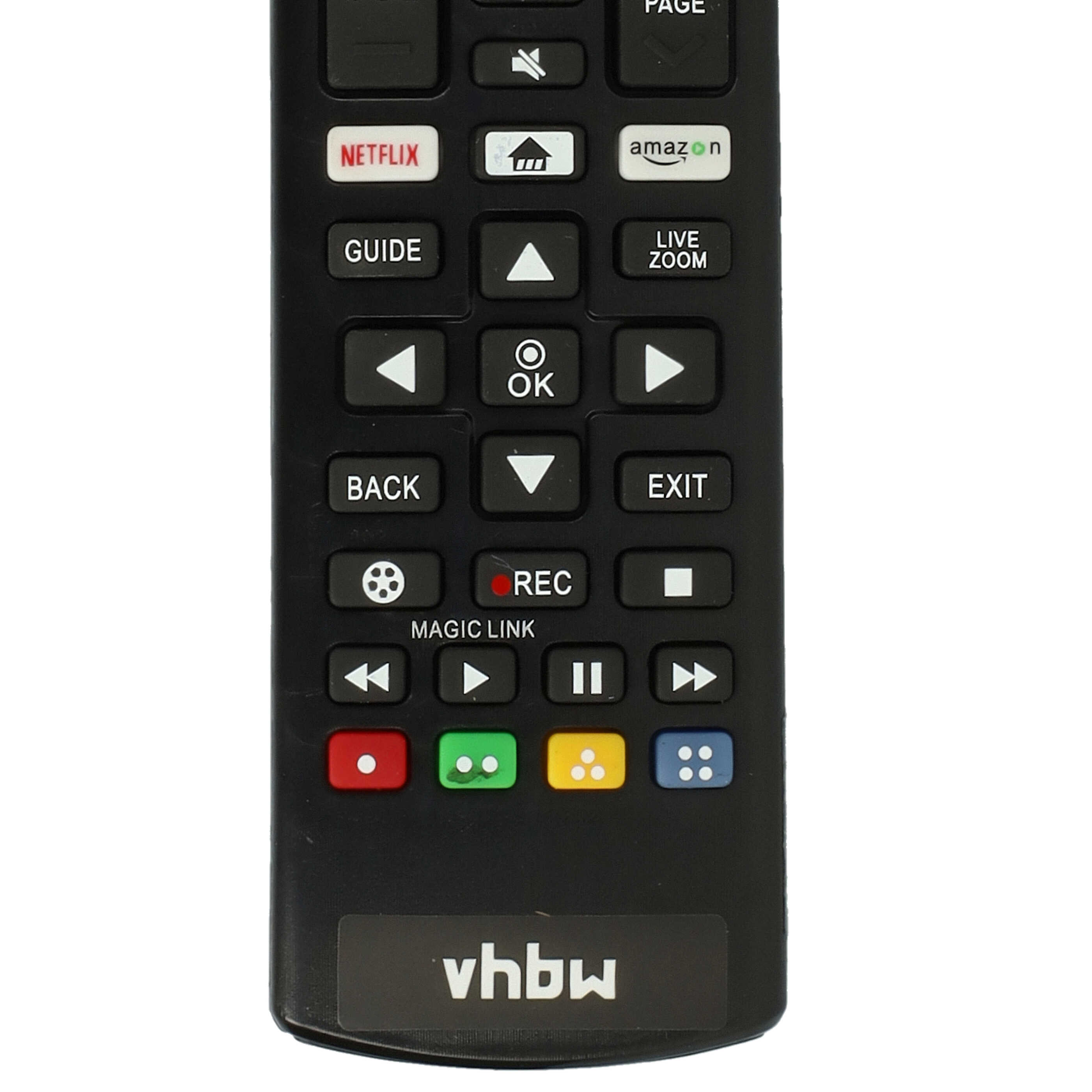 Schwarze Fernbedienung mit Tasten für Netflix, Amazon, Navigation und bunten Farbtasten.