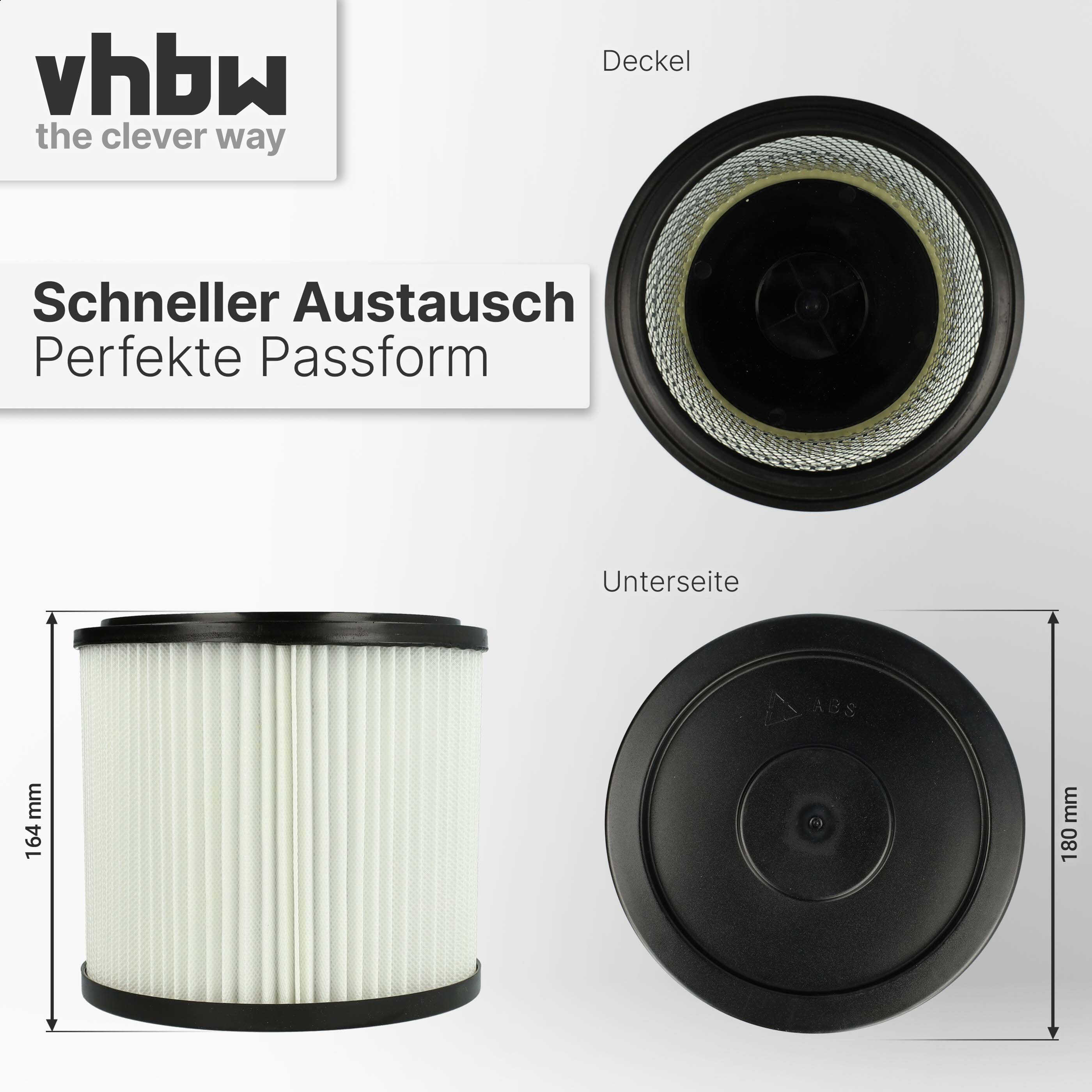 Zylinderförmiger weißer Filter mit schwarzen Kappen, Maßangaben 164mm Höhe und 180mm Durchmesser, vhbw Logo.