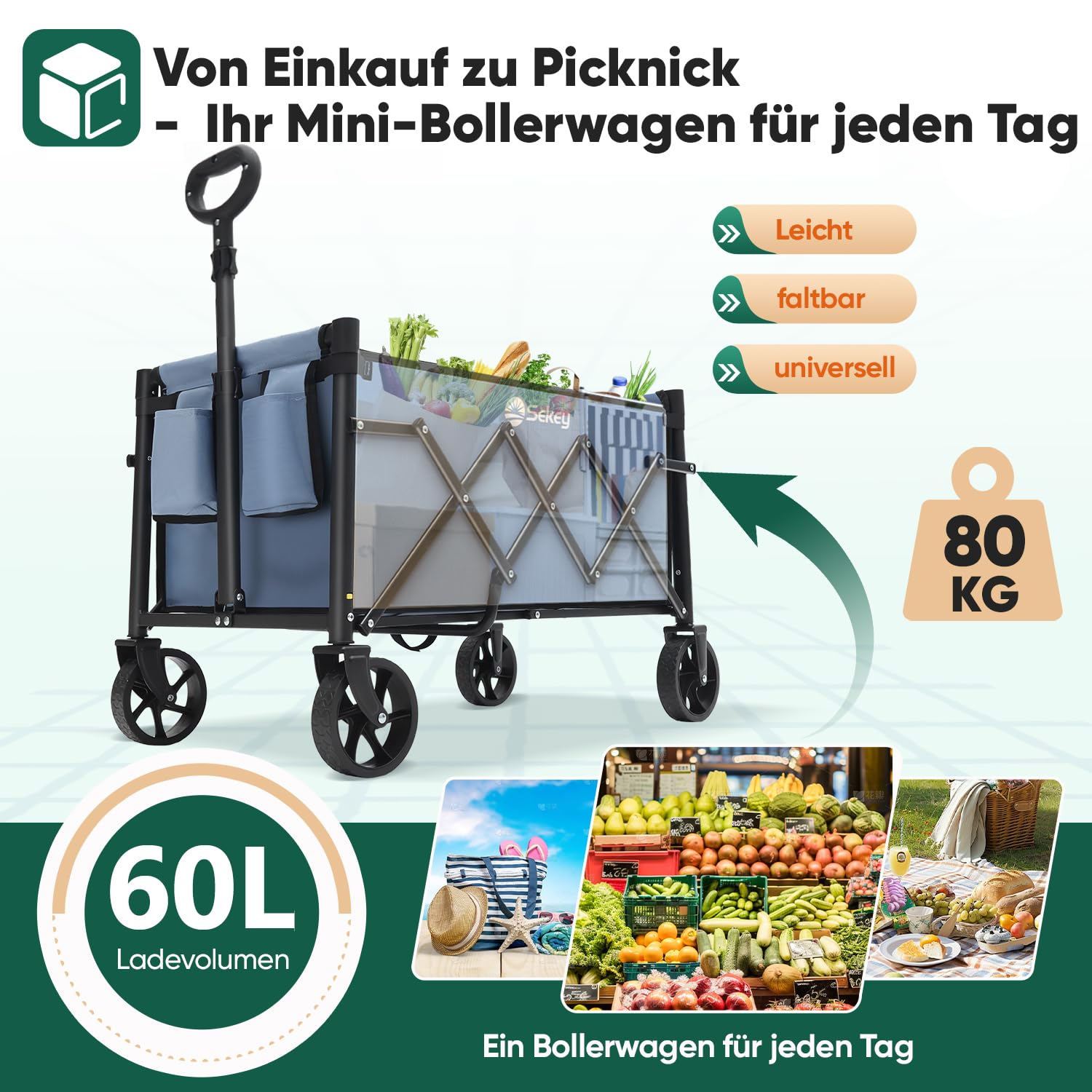 Chariot pliable gris de 60L, capacité de 80kg, quatre roues et images d'accessoires.