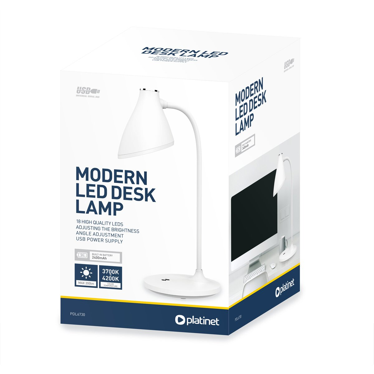 Produktverpackung für eine moderne, weiße LED-Schreibtischlampe von Platinet.