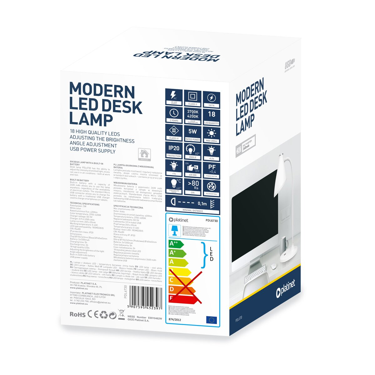 Verpackung einer modernen LED-Schreibtischlampe mit technischen Daten und einer Abbildung des Produkts.
