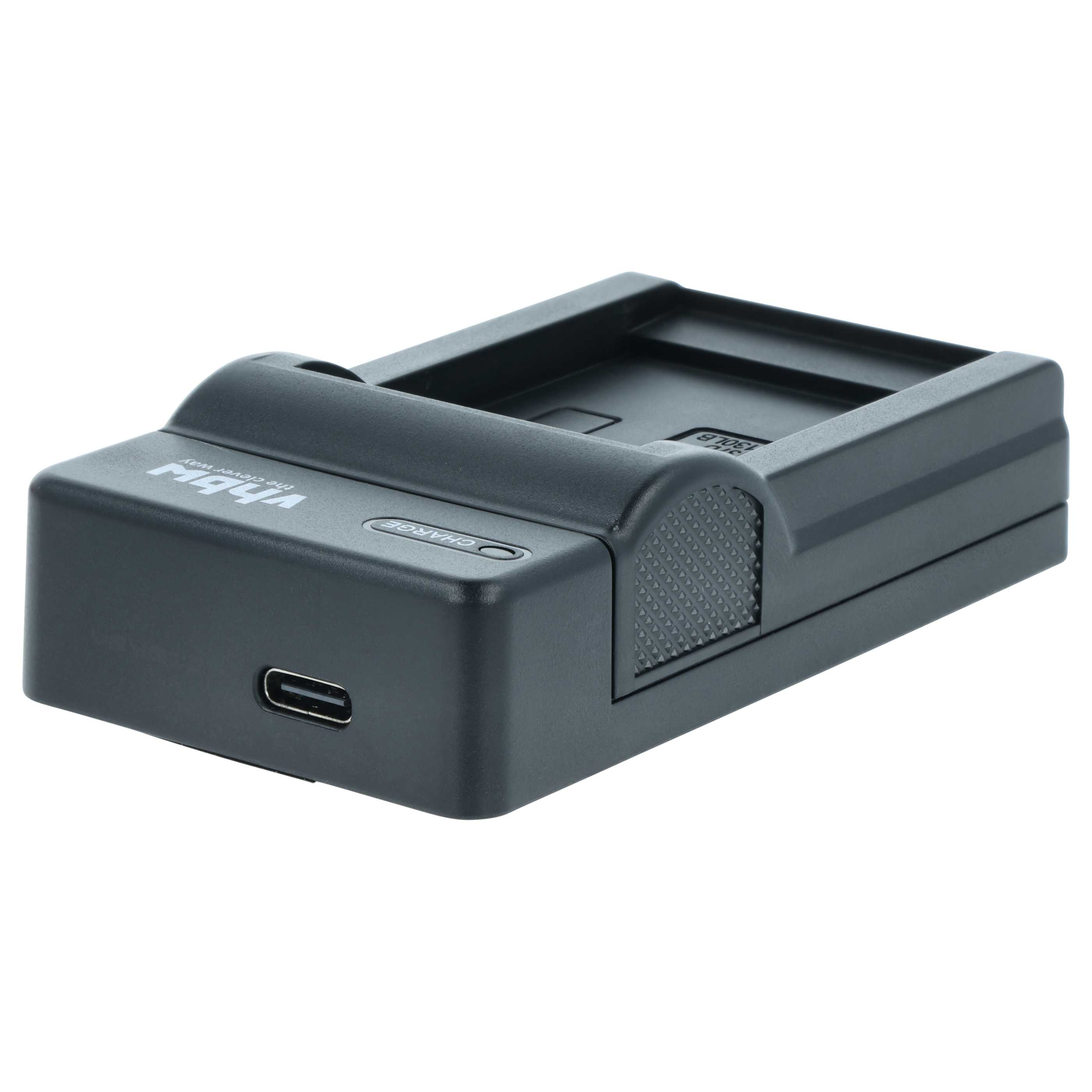 Ein schwarzes Batterie-Ladegerät mit USB-C-Anschluss auf einer weißen Oberfläche.