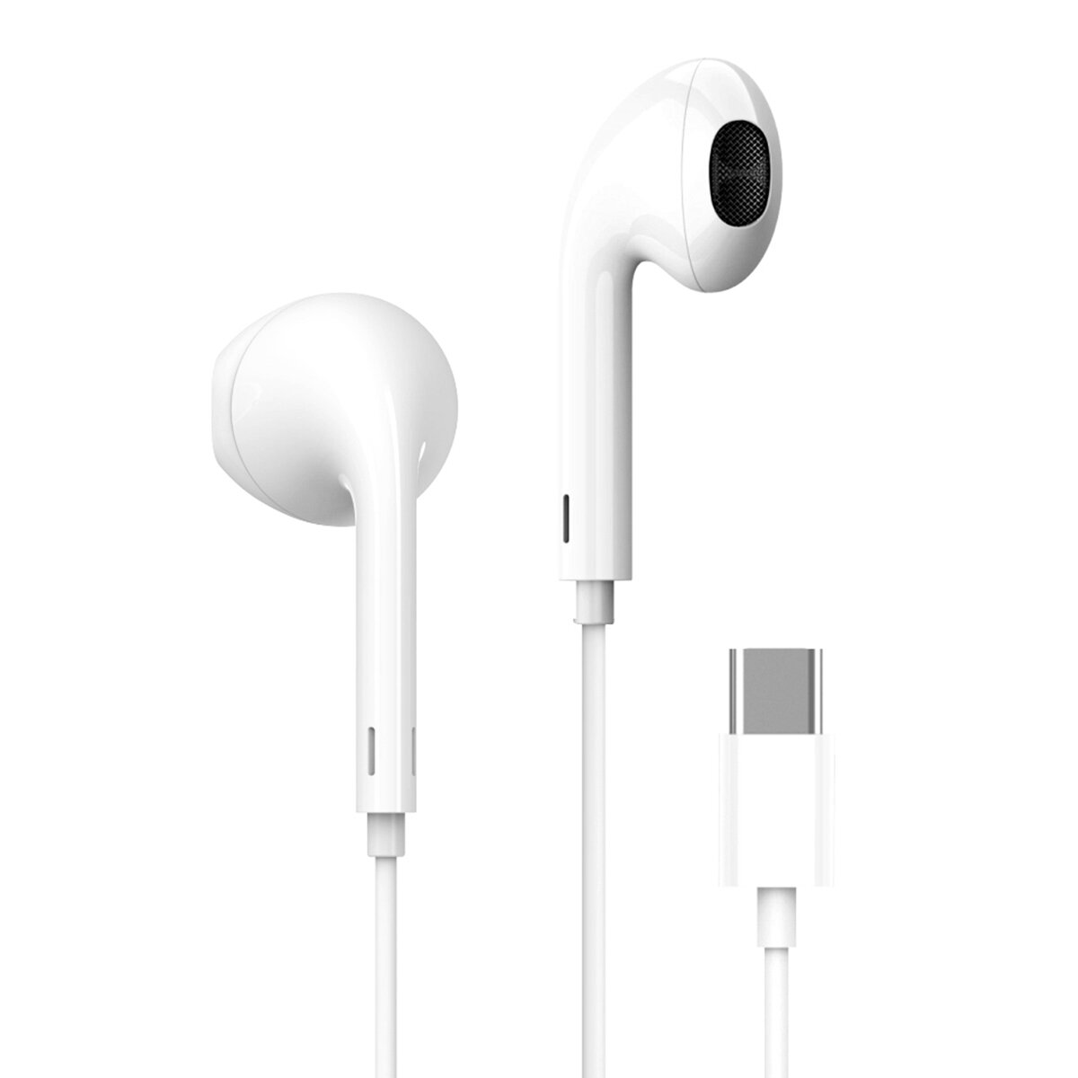 Weiße Kopfhörer mit Kabel und USB-C-Anschluss auf weißem Hintergrund.