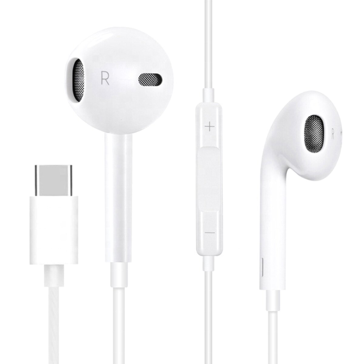 Weiße kabelgebundene Ohrhörer mit USB-C-Stecker und Lautstärkeregler.