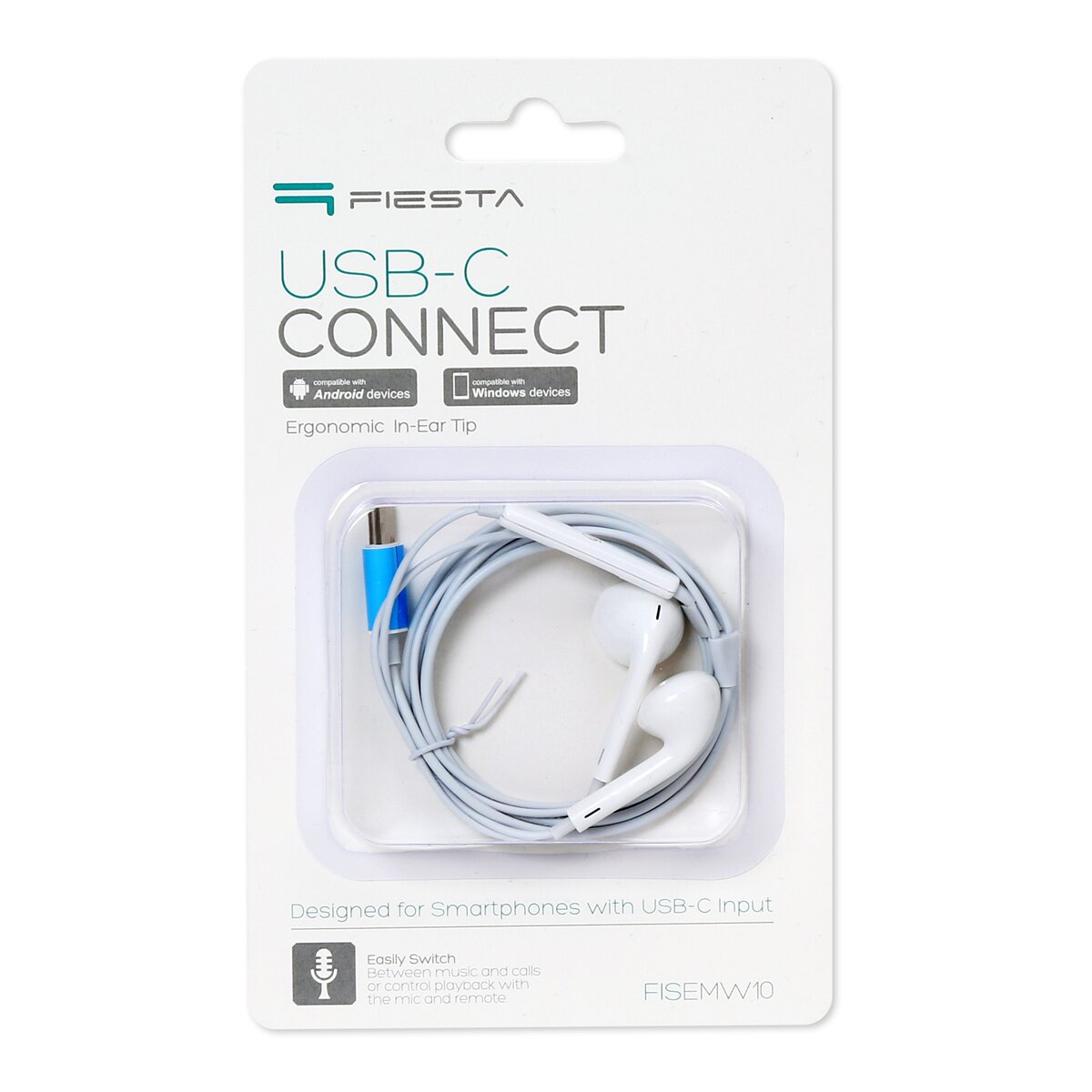 Weisse USB-C Kopfhörer in einer weissen Blisterverpackung mit der Aufschrift Fiesta USB-C Connect.