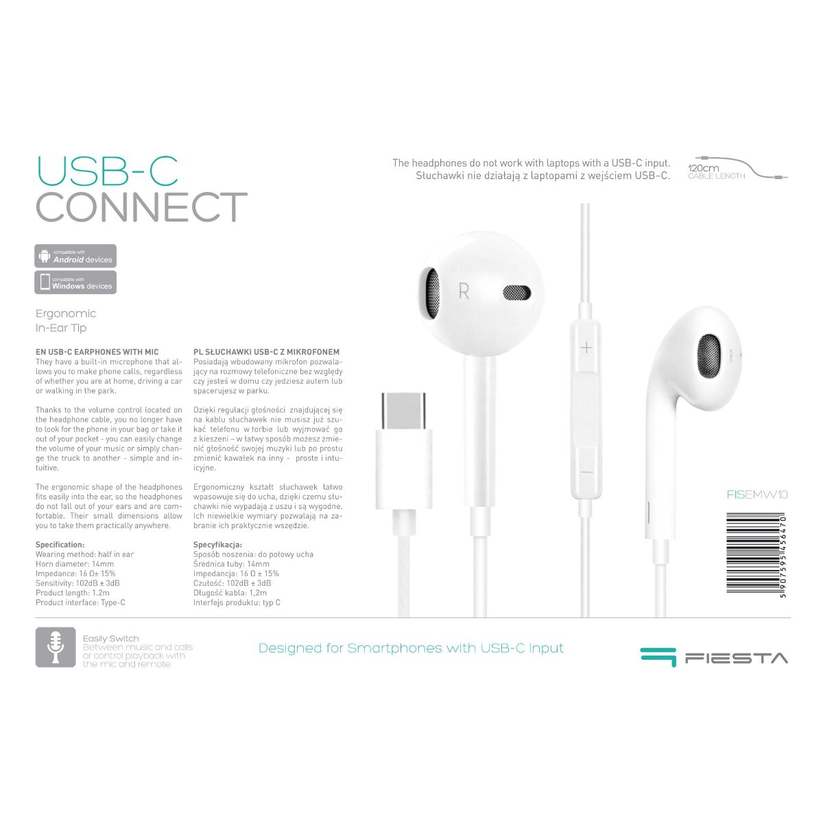 Produktverpackung für USB-C In-Ear-Kopfhörer mit Mikrofon und Lautstärkeregler auf weißem Hintergrund.