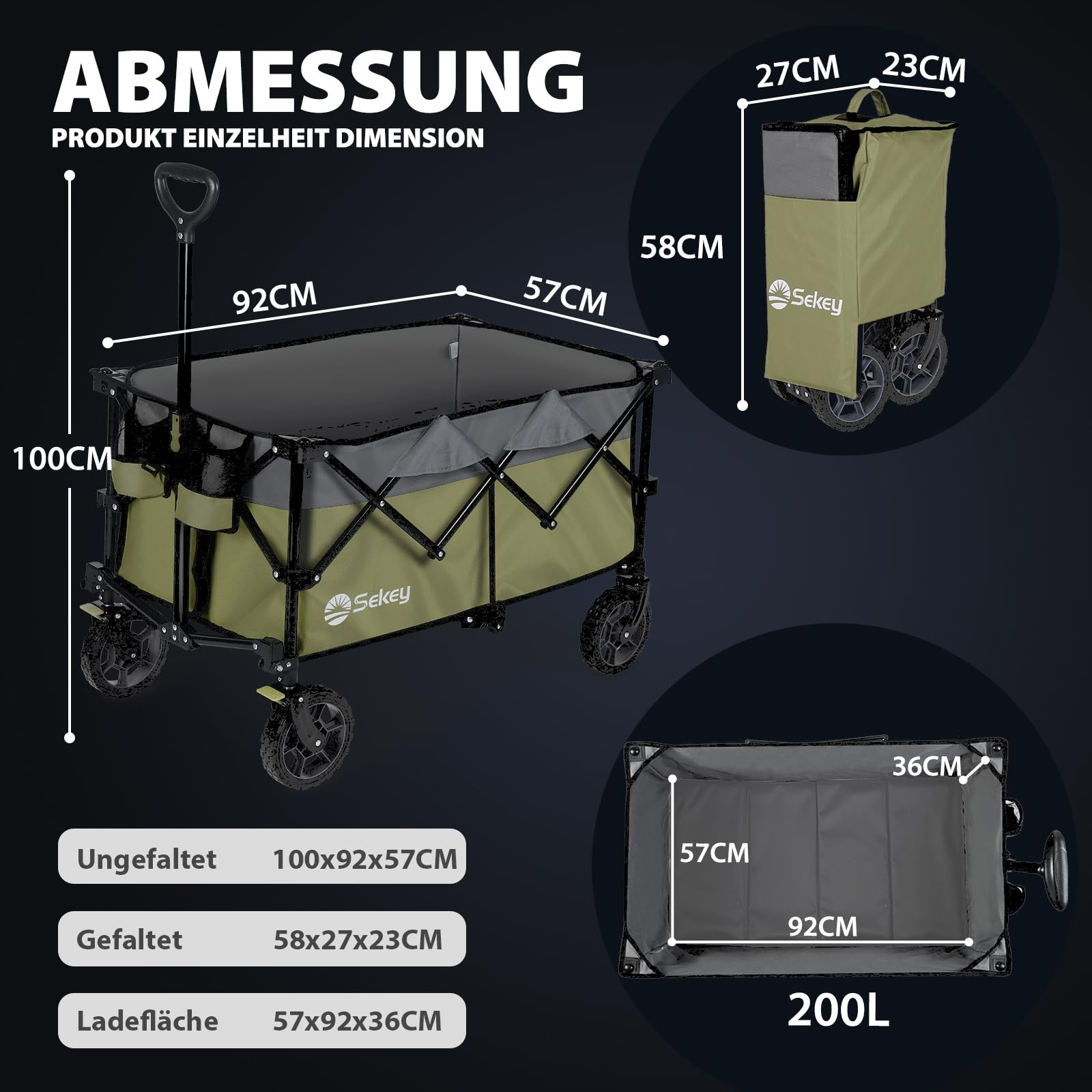 Schéma montrant les dimensions d'un chariot pliable vert et noir avec mesures pour déplié, plié et zone de chargement.