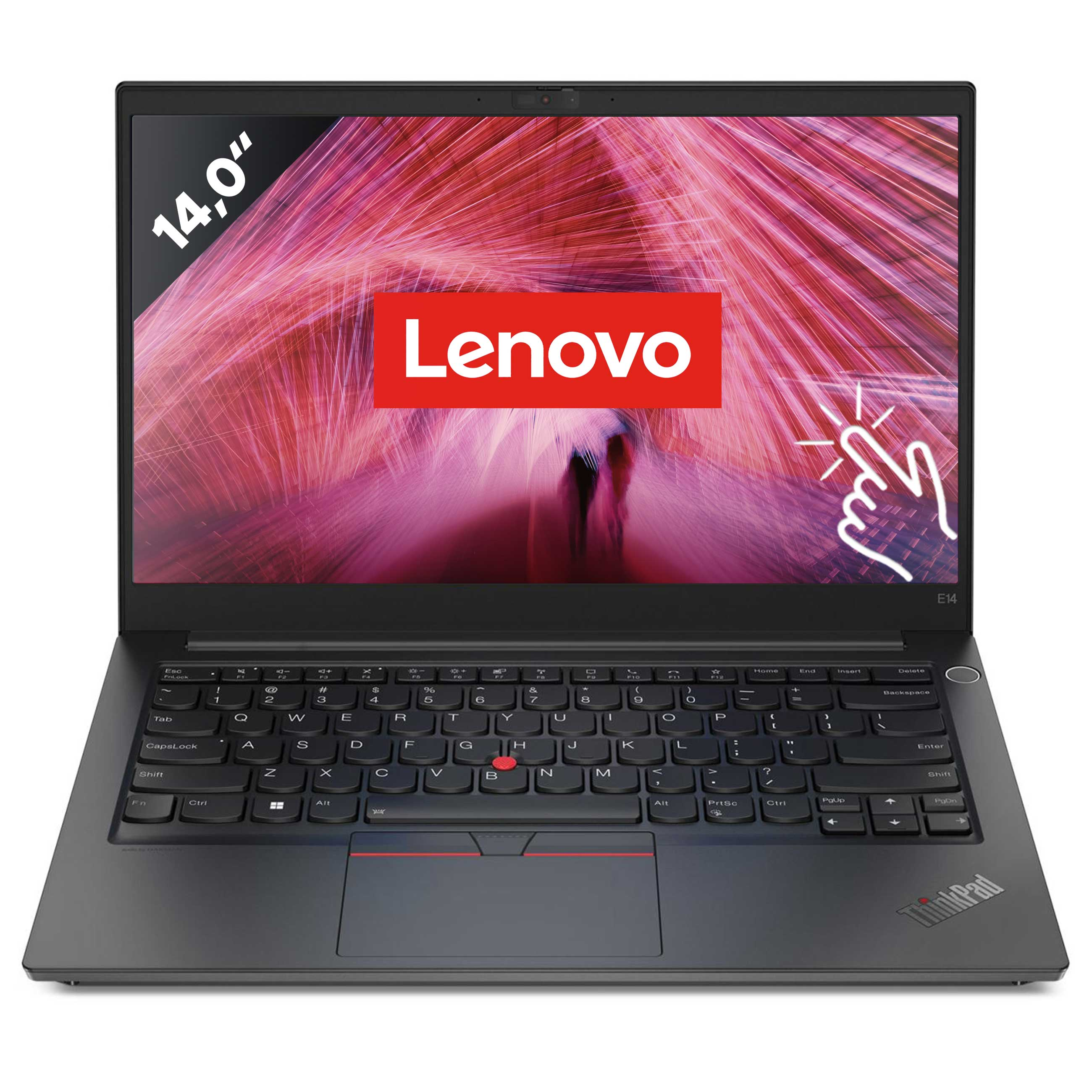 Ein schwarzer Lenovo Laptop mit einem 14-Zoll-Bildschirm und rotem Lenovo-Logo auf dem Display.