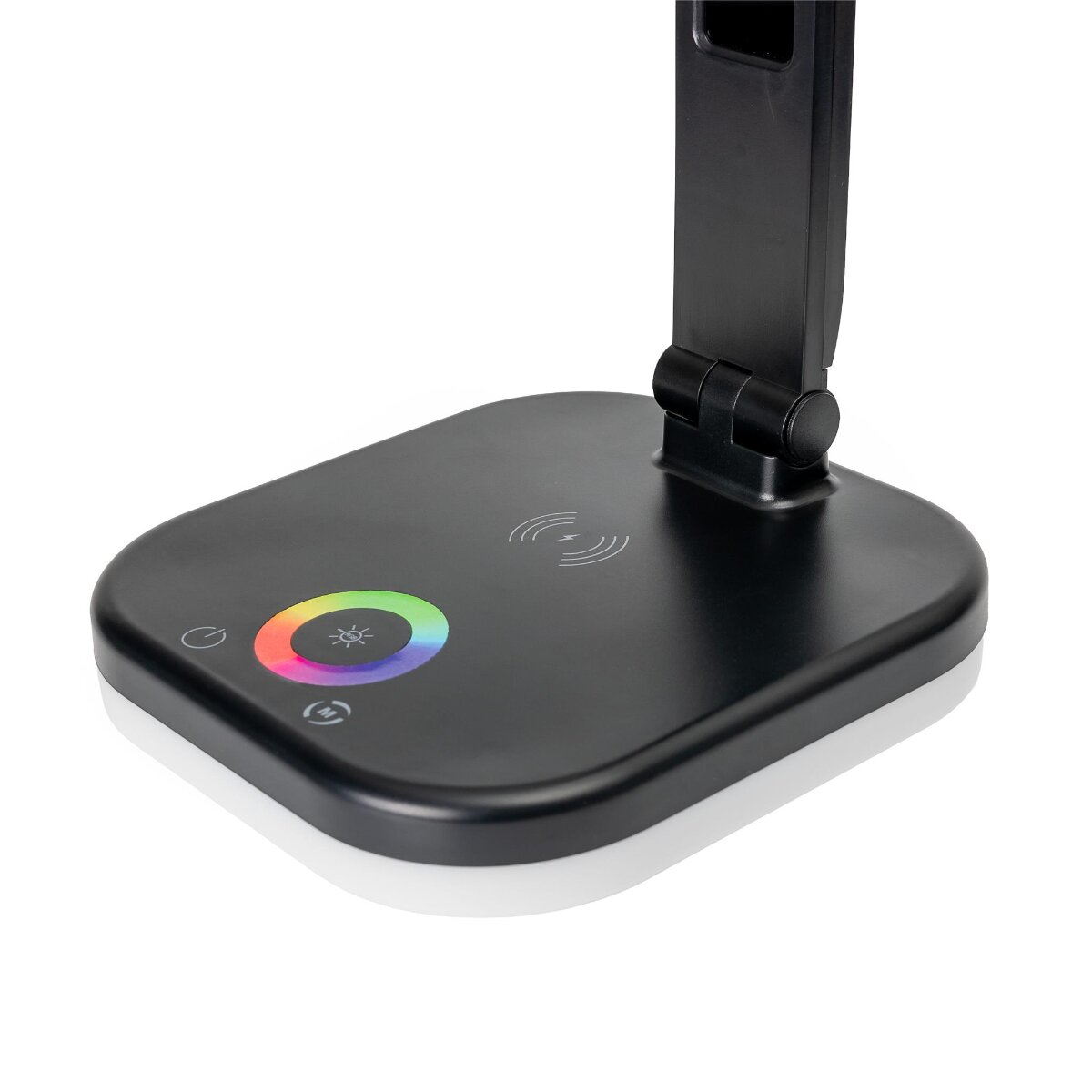 Schwarze Schreibtischlampe mit farbigem Touch-Bedienfeld und kabelloser Ladefläche auf dem Sockel.