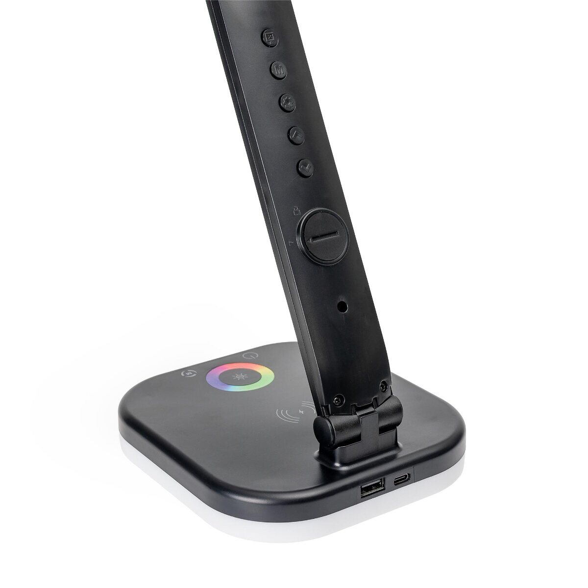 Ein schwarzer Schreibtischlampenfuß mit Touch-Steuerung, Farbring, kabellosem Ladesymbol und USB-Anschlüssen.