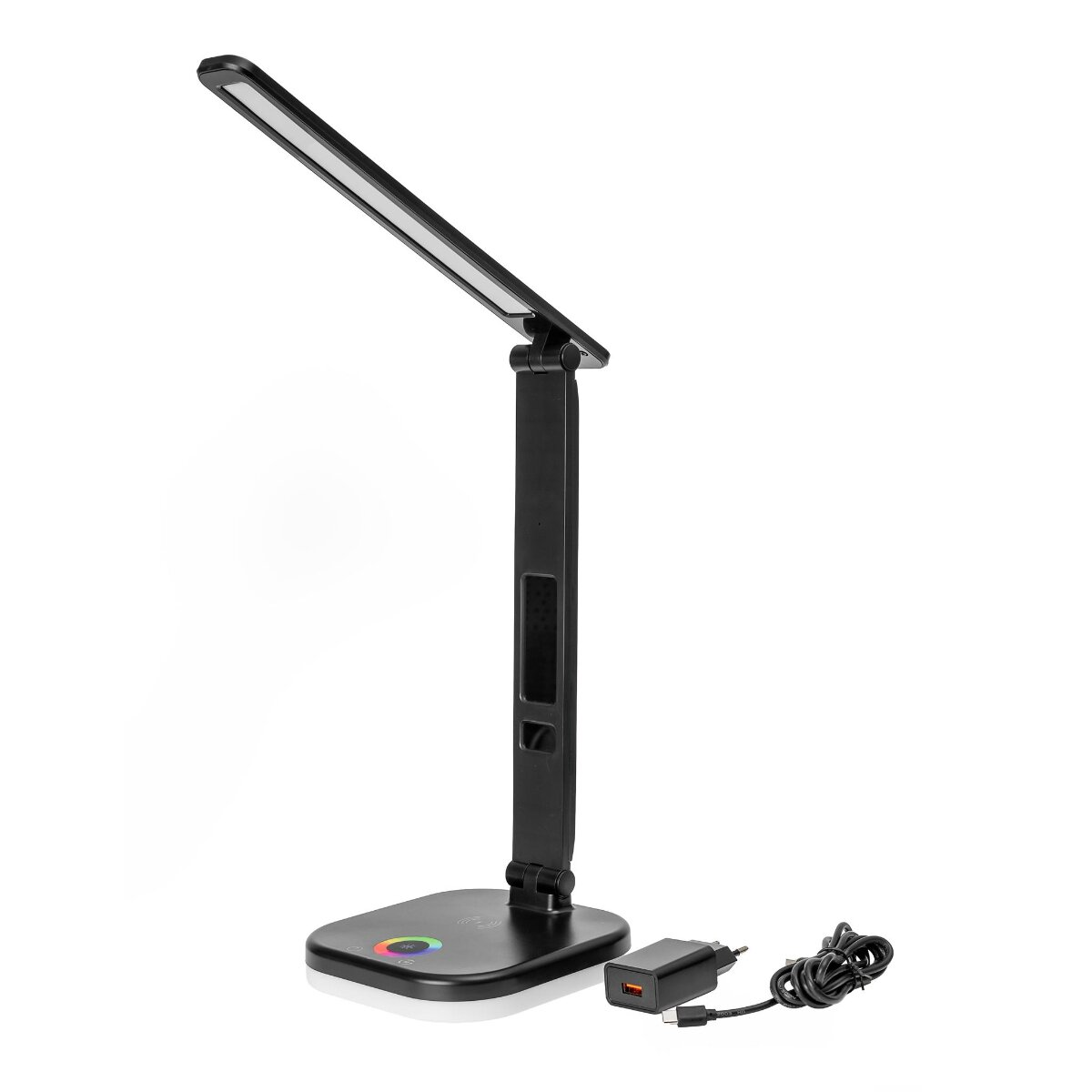 Eine schwarze moderne Schreibtischlampe mit verstellbarem LED-Arm, Touch-Bedienfeld, Netzteil und USB-Kabel.