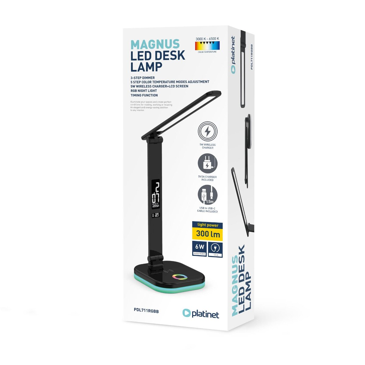 Verpackung der Magnus LED-Schreibtischlampe mit schwarzer Lampe und technischen Daten auf weißem Grund.