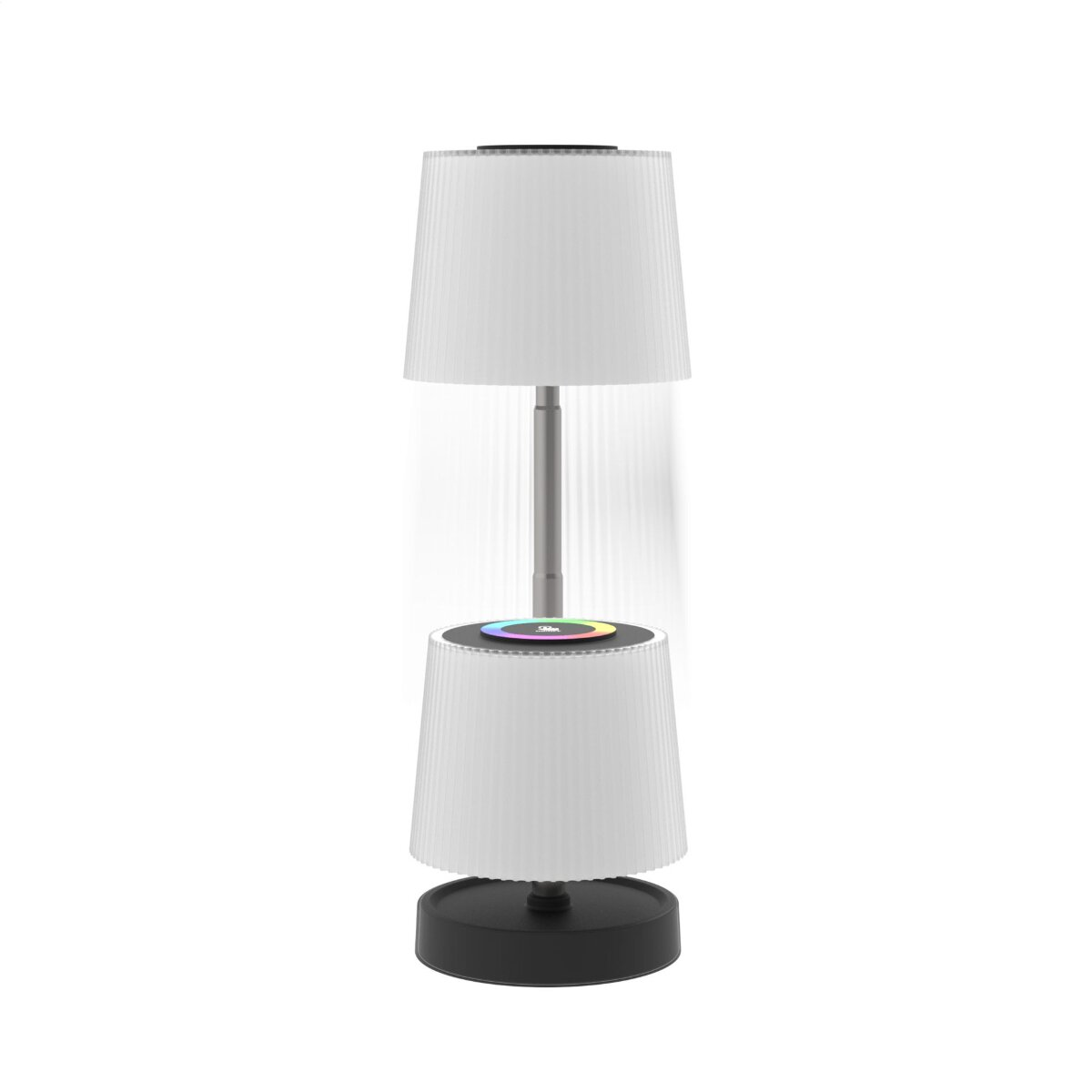 Eine moderne weiße Lampe mit doppeltem Plissierschirm, Metallstab und buntem Steuerelement auf weißem Hintergrund.