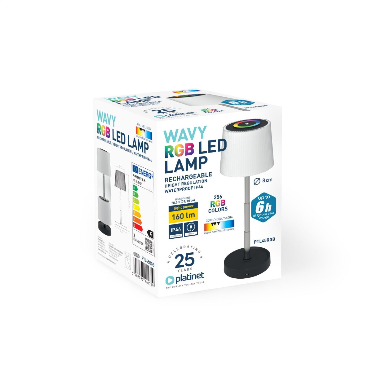 Produktverpackung der Platinet Wavy RGB LED Lampe mit 256 Farben, wasserdicht und wiederaufladbar.