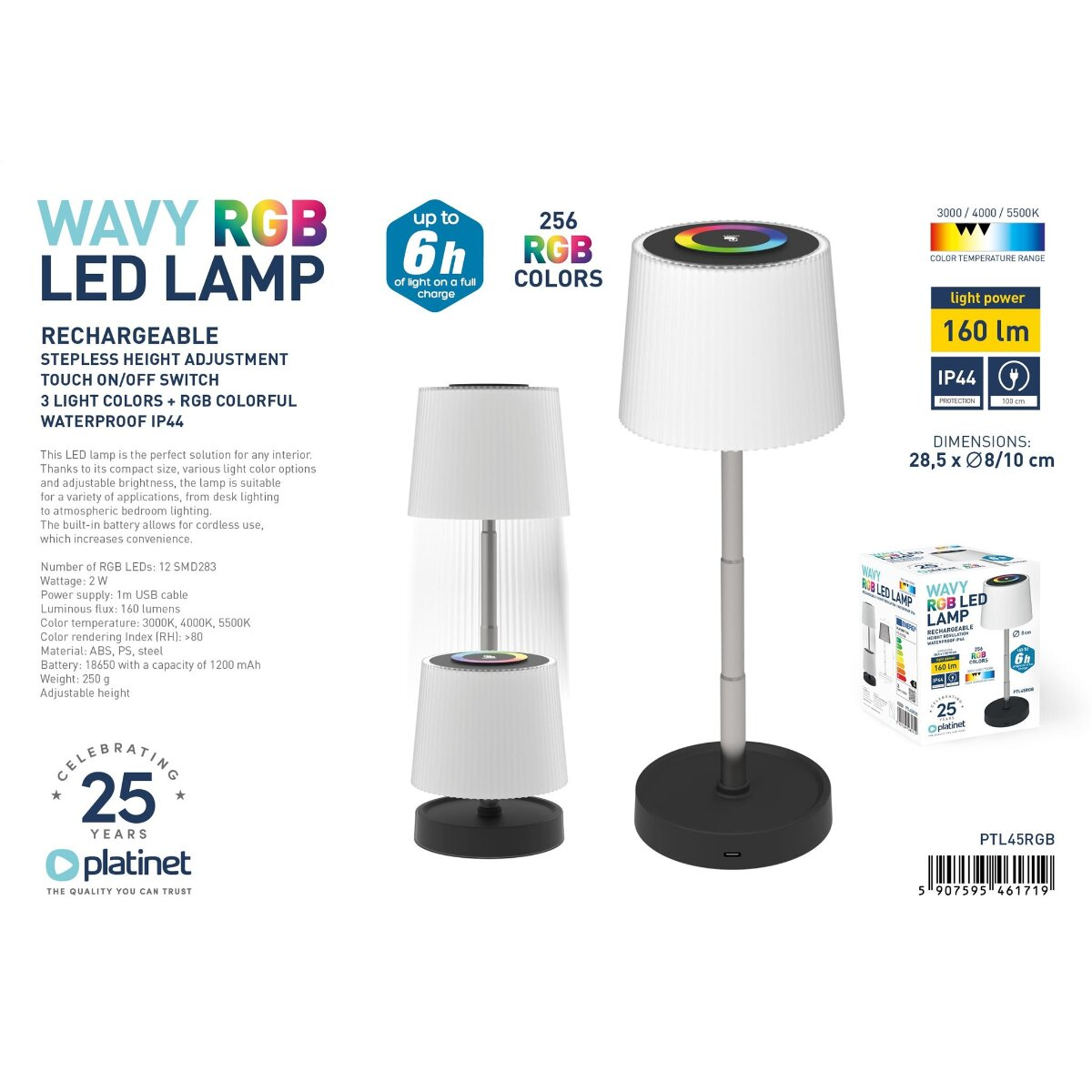 Wiederaufladbare Wavy RGB LED-Lampe mit höhenverstellbarem Design, Touch-Schalter und bunter Beleuchtung.