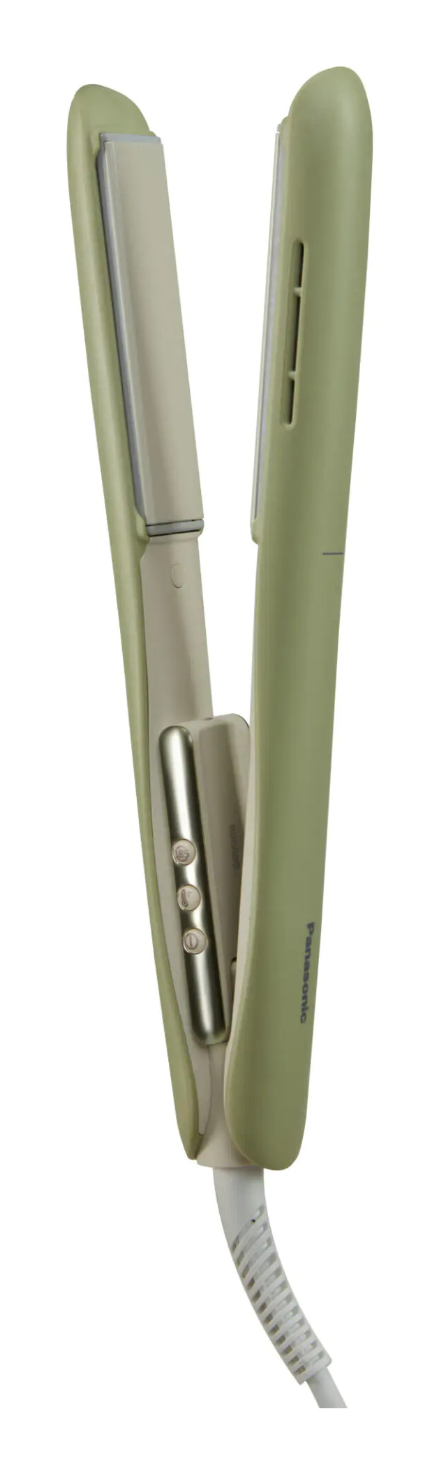 Una piastra per capelli aperta verde chiaro con piastre bianche e cavo bianco su sfondo bianco.