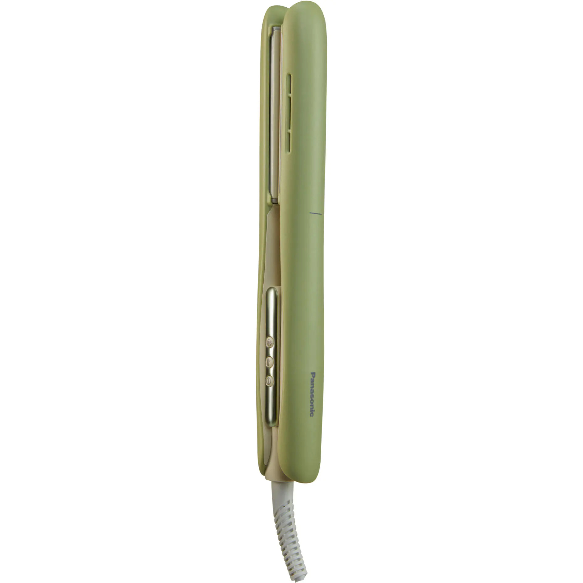 Una piastra per capelli Panasonic verde chiaro chiusa con cavo bianco su sfondo bianco.