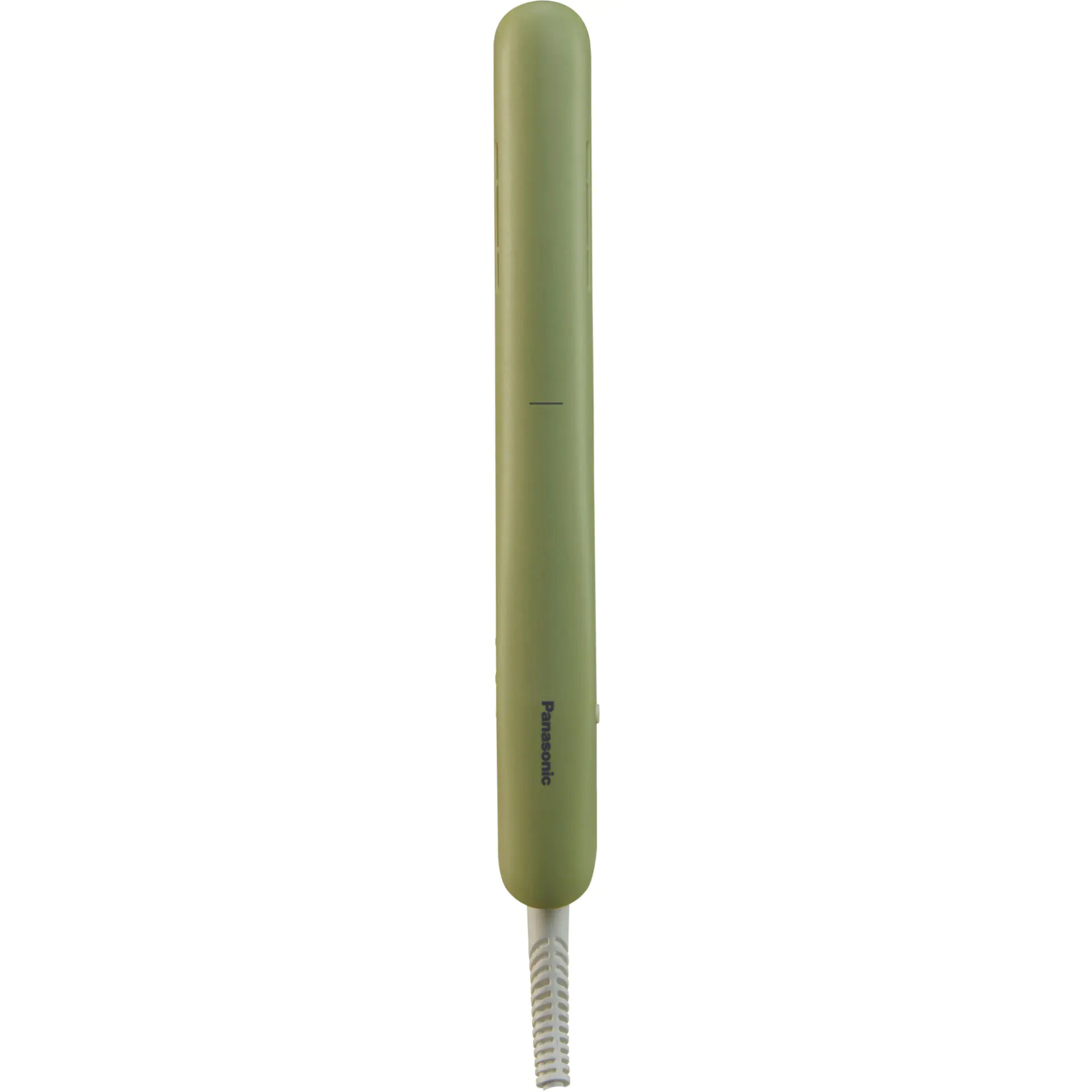 Una piastra per capelli Panasonic verde oliva su sfondo bianco con cavo bianco.