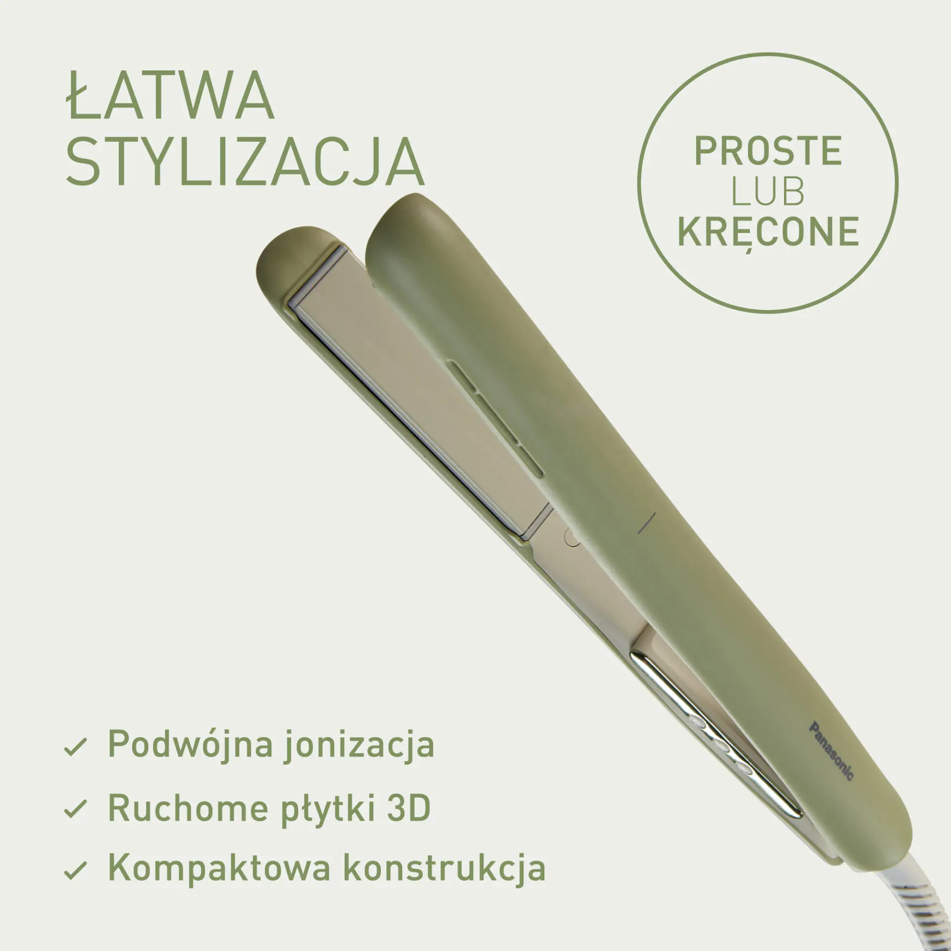 Piastra per capelli verde su sfondo chiaro con testo promozionale e caratteristiche in polacco.