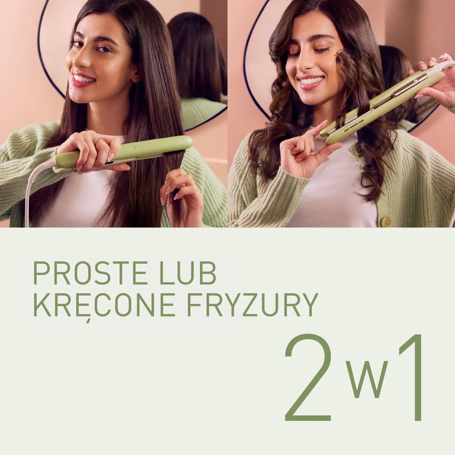 Una donna usa uno strumento per capelli 2 in 1 verde per lisciare e arricciare i capelli.