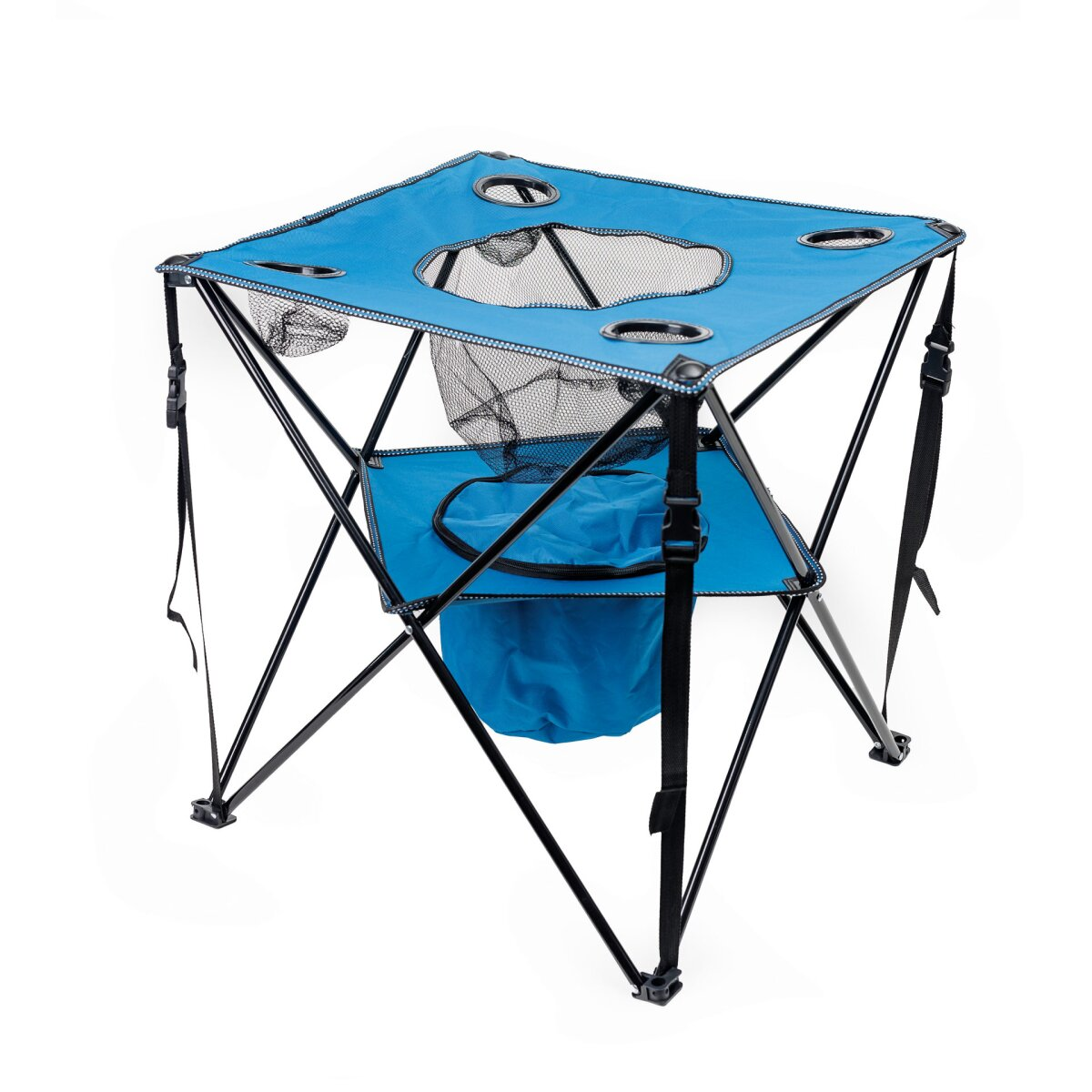 Ein blauer, faltbarer Campingtisch mit schwarzen Metallbeinen, Netztaschen und einer zentralen Öffnung.
