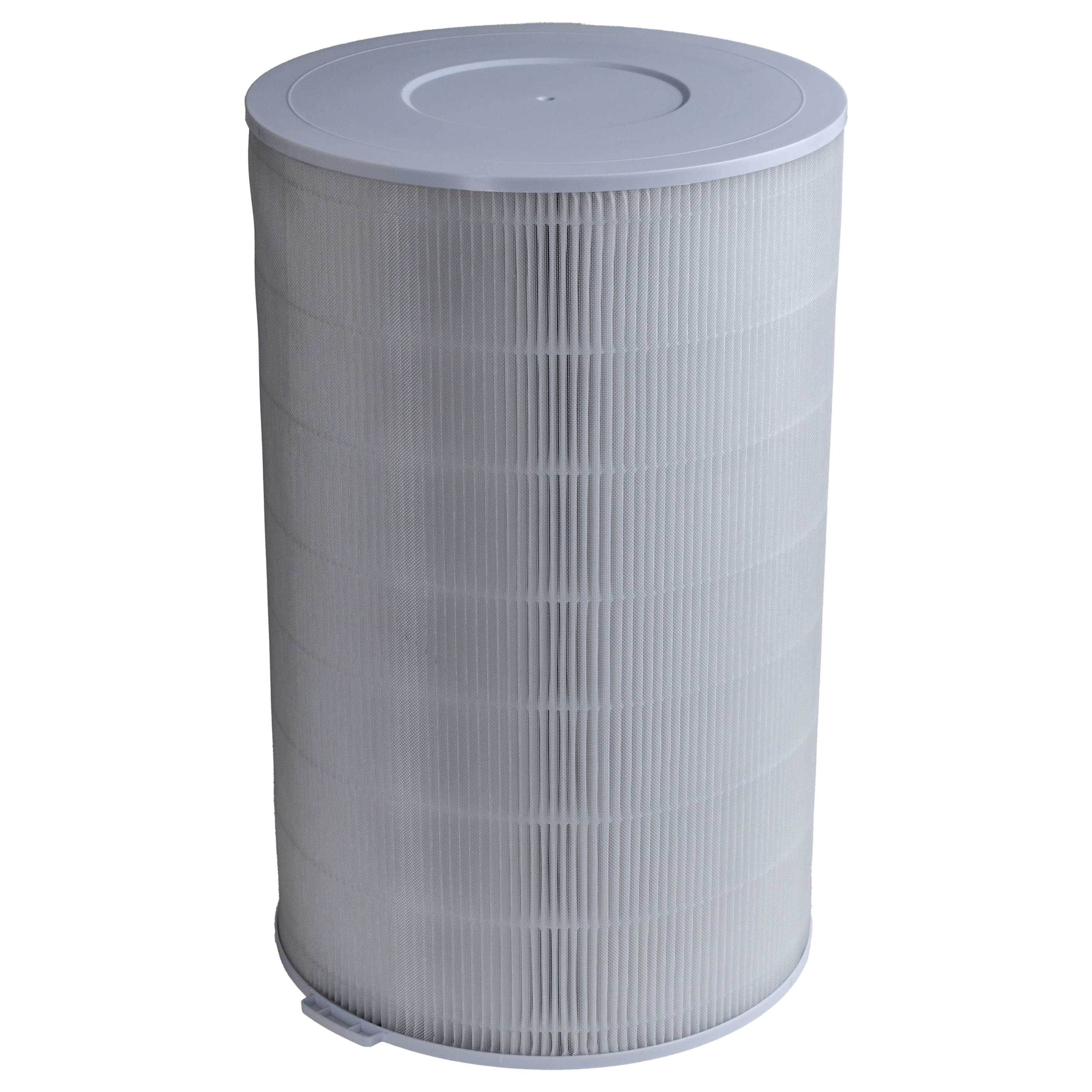 Ein zylindrischer weißer Luftfilter mit geripptem Mesh-Design und Kunststoff-Endkappen auf einem weißen Hintergrund.
