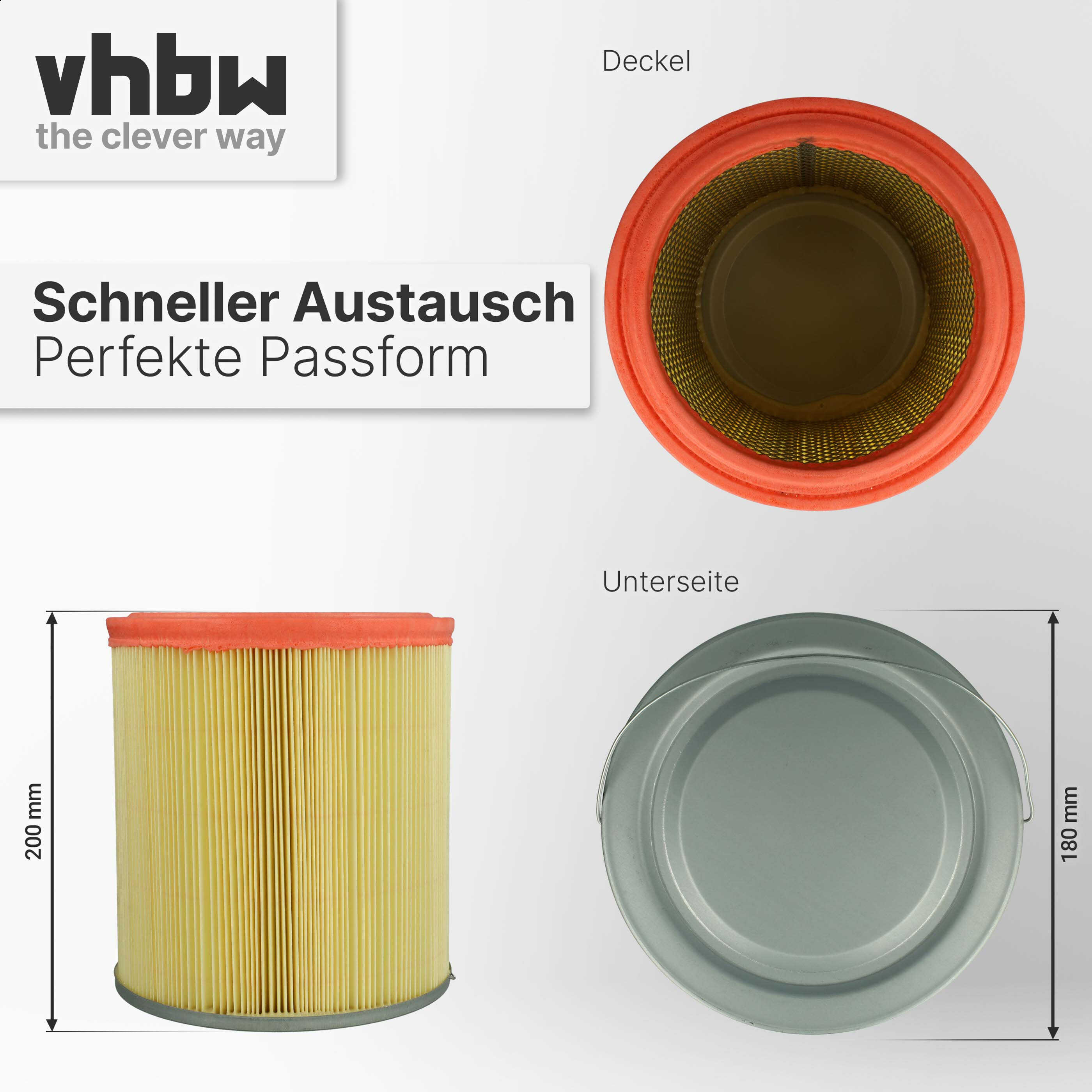 Zylindrischer gelber Filter mit rotem Rand und Maßen von 200 mm Höhe und 180 mm Durchmesser.