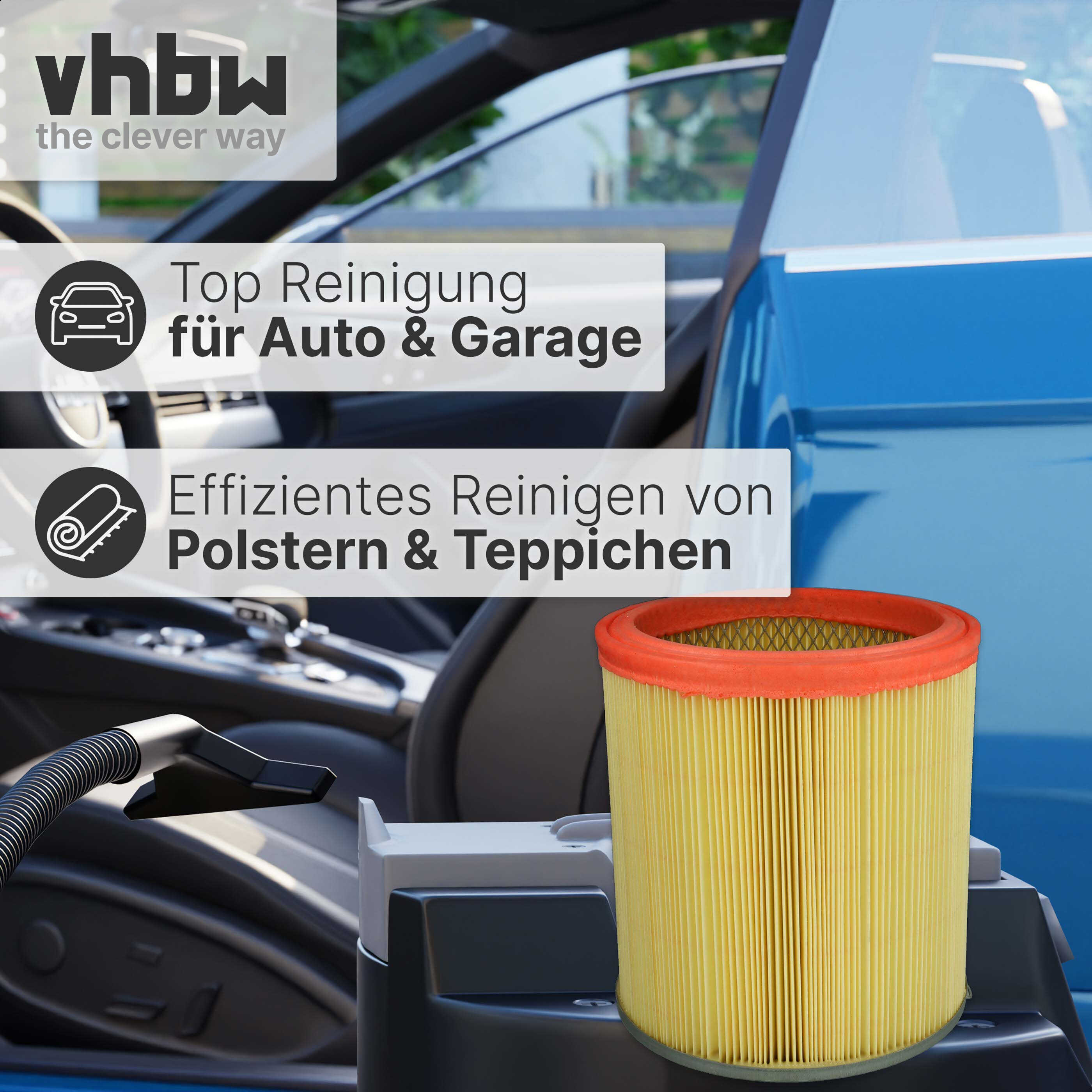 Zylindrischer gelber Filter vor einem blauen Auto und Reinigungs-Text.