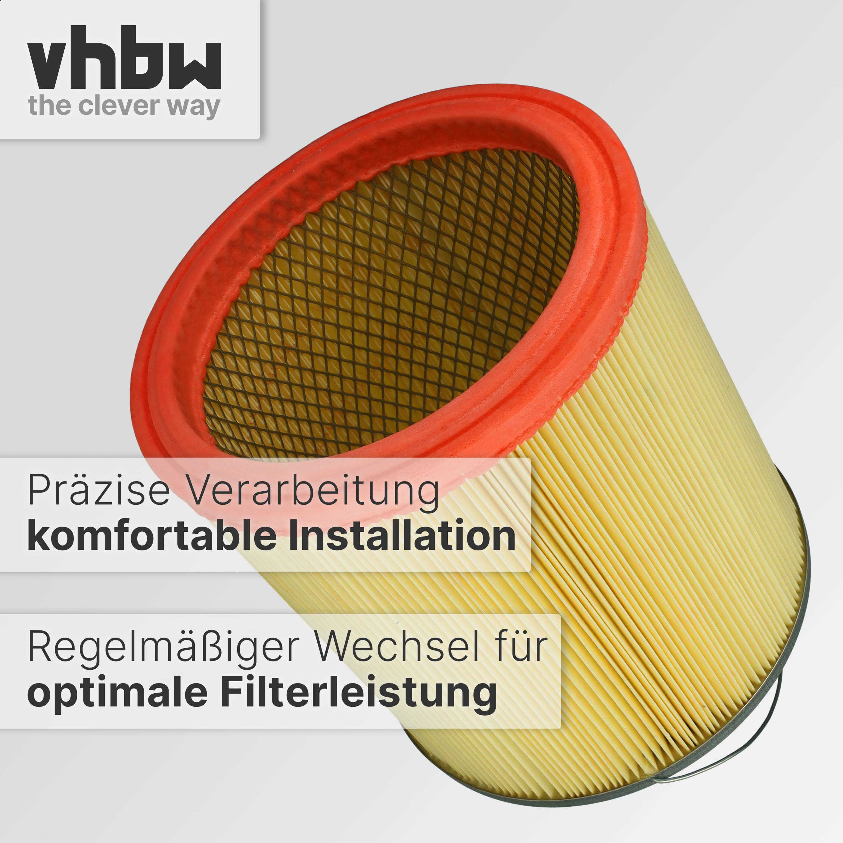 Ein zylindrischer gelber Filter mit einem roten Rand und vhbw-Logo.