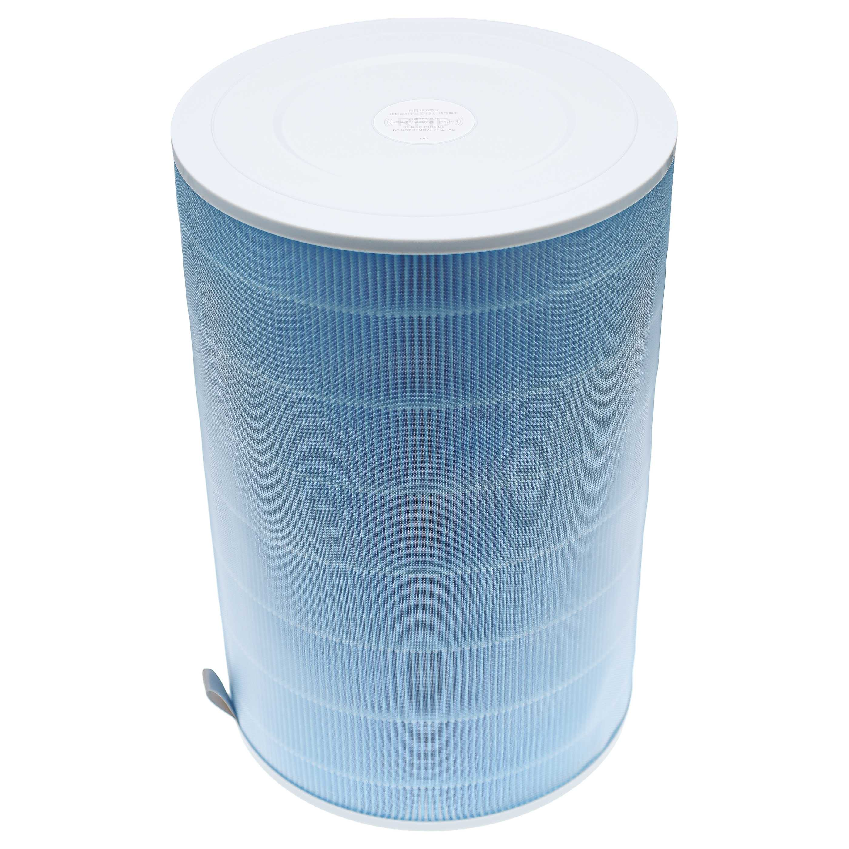 Ein zylindrischer, hellblauer Luftfilter mit weißem Plastikrand oben und unten vor weißem Hintergrund.