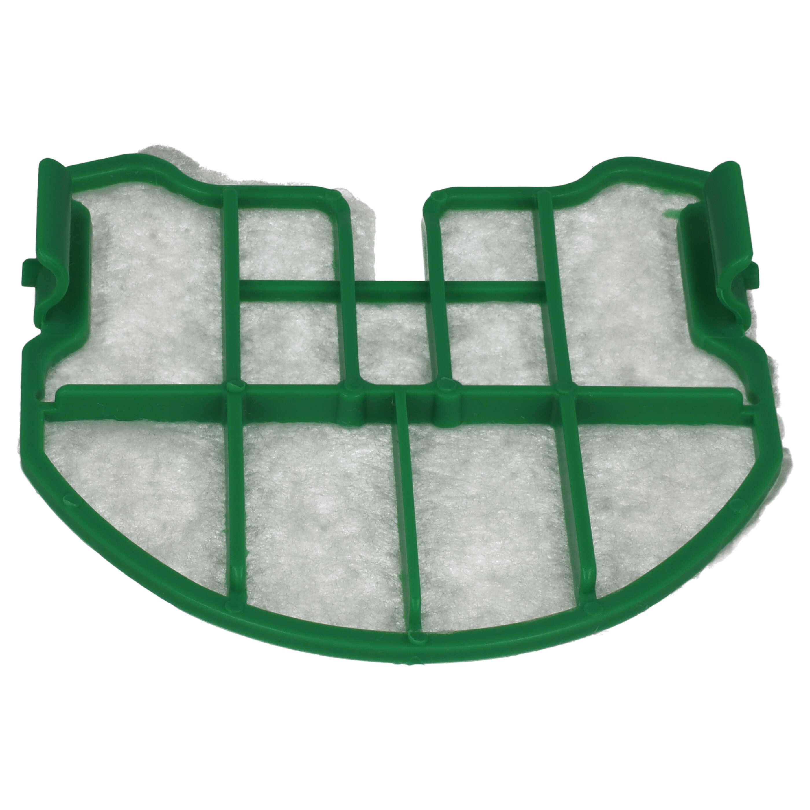 Ein grüner Plastik-Gerätefilter mit weißem Faser-Material innen, freigestellt auf weißem Hintergrund.